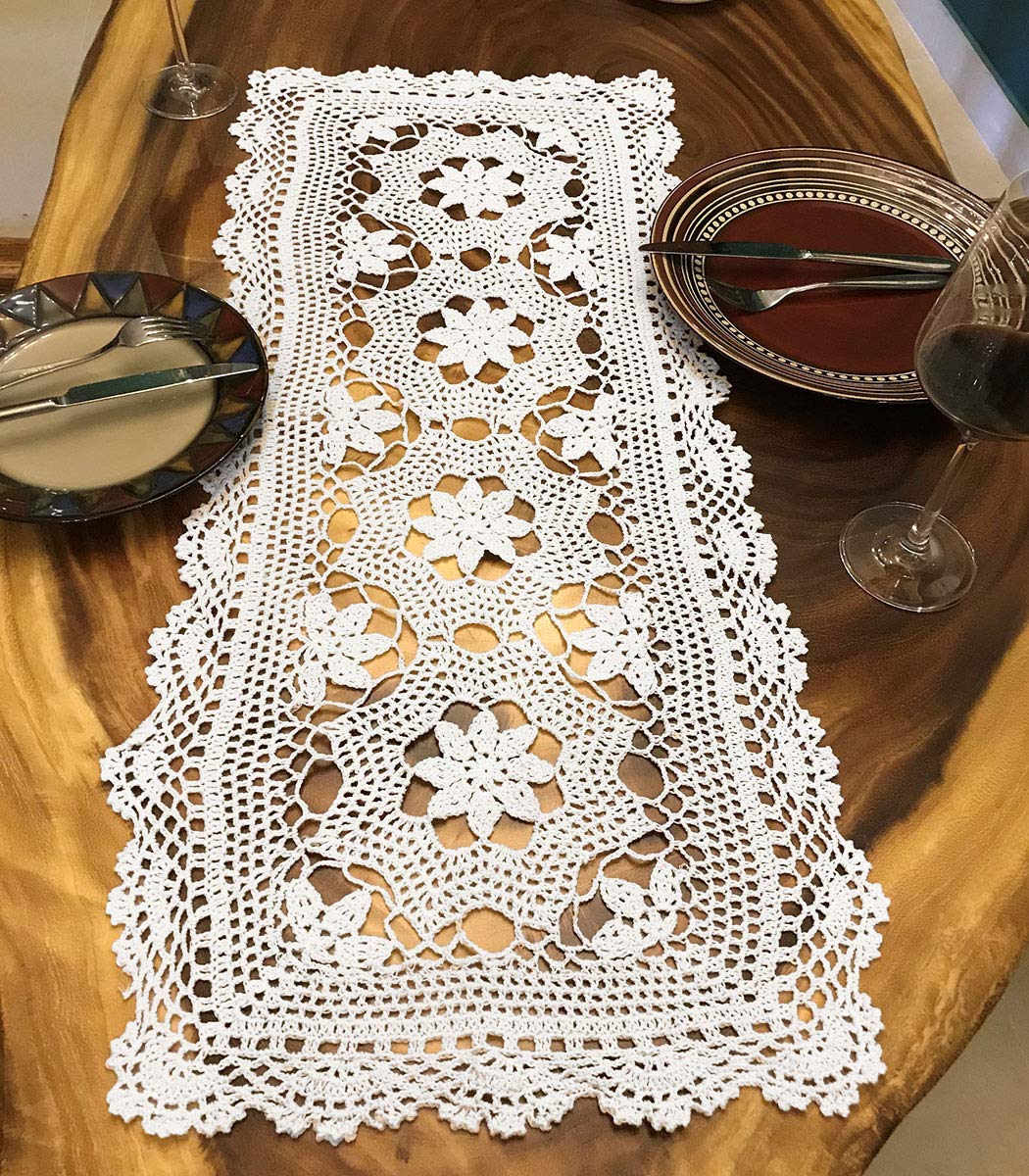 Handmade White Crochet Cotton Table Runner - 16x35 Inch Lace Doily Rectangular Dresser Scarf for Dining Table, Coffee Table, and Home Decor