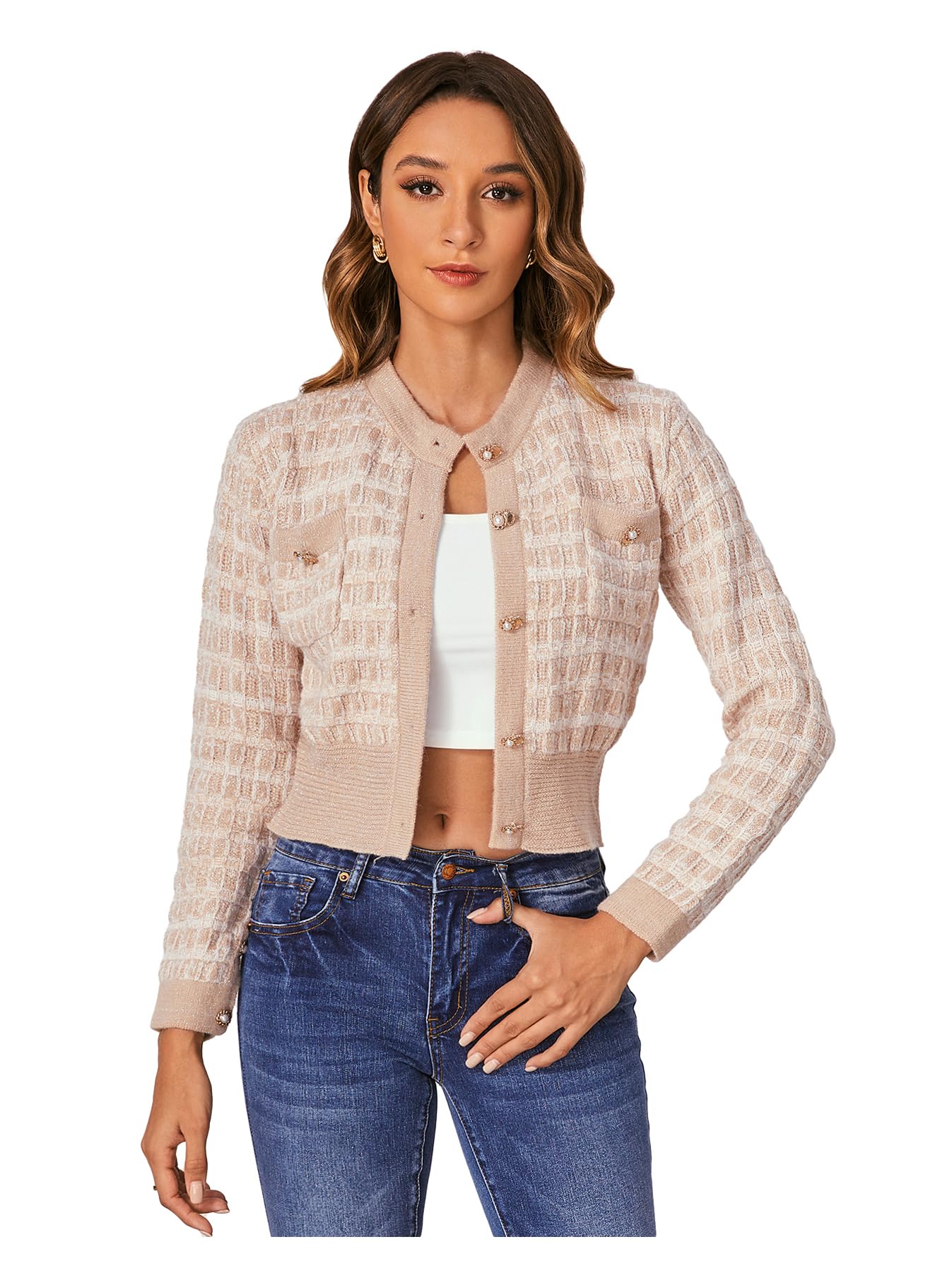 Stylish Women's Cropped Cardigan with Pearl Buttons | Open Front Knit Sweater | Lightweight Outerwear for Spring & Fall | Perfect for Office, Date Night & Casual Outings