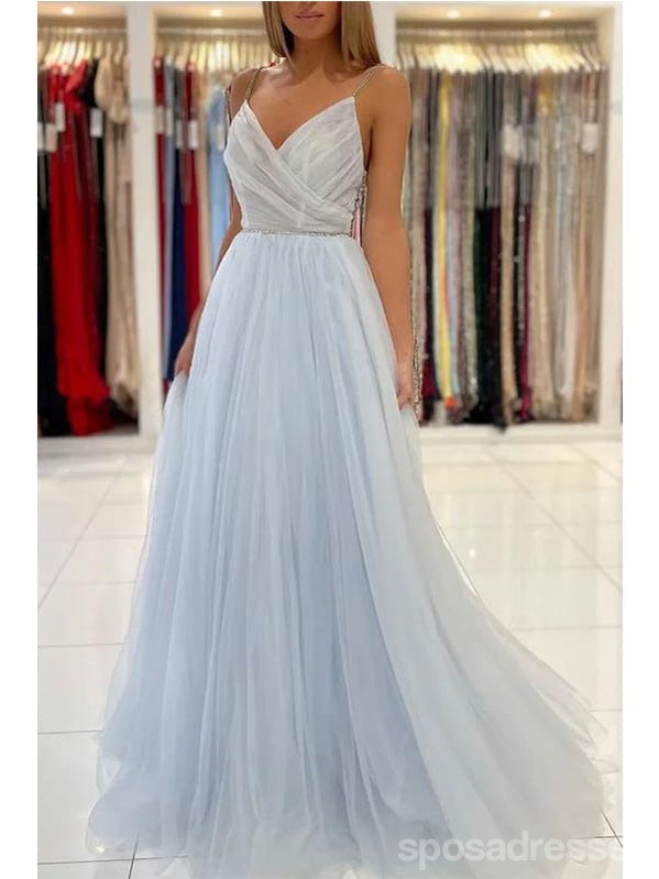 Elegant Blue A-Line Spaghetti Strap V-Neck Maxi Long Party Prom Dress for Women - Perfect for Evening Gala, Formal Events & Special Occasions