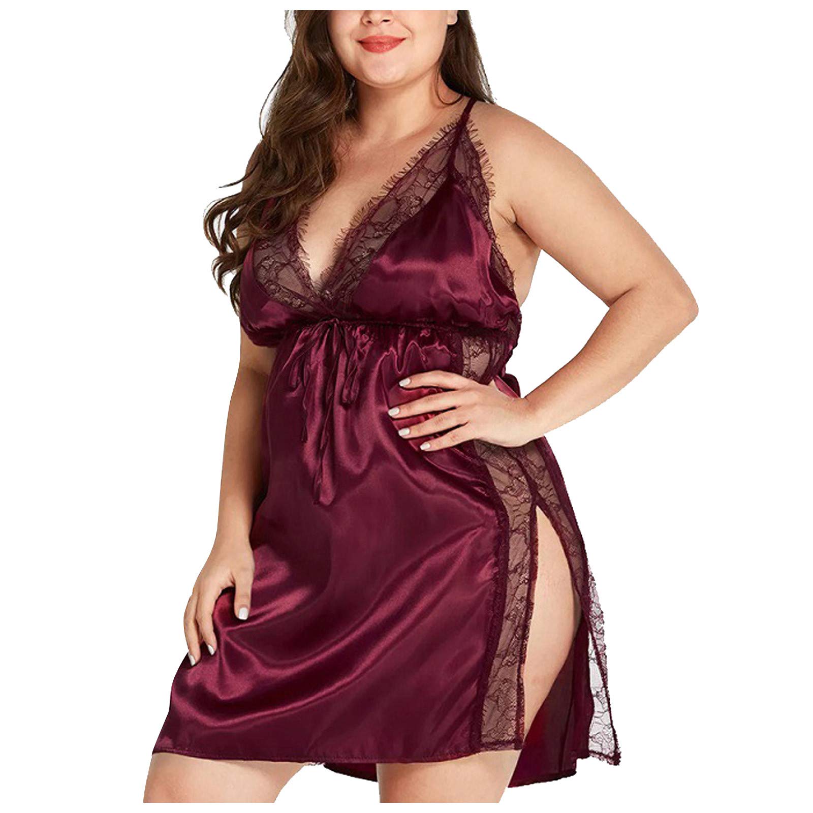 VEFSU Plus Size Women's Sexy Eyelash Lace Lingerie Nightdress with Side Slits - Comfortable Sleepwear & Romantic Lingerie for Date Night, Boudoir Photography and Special Occasions