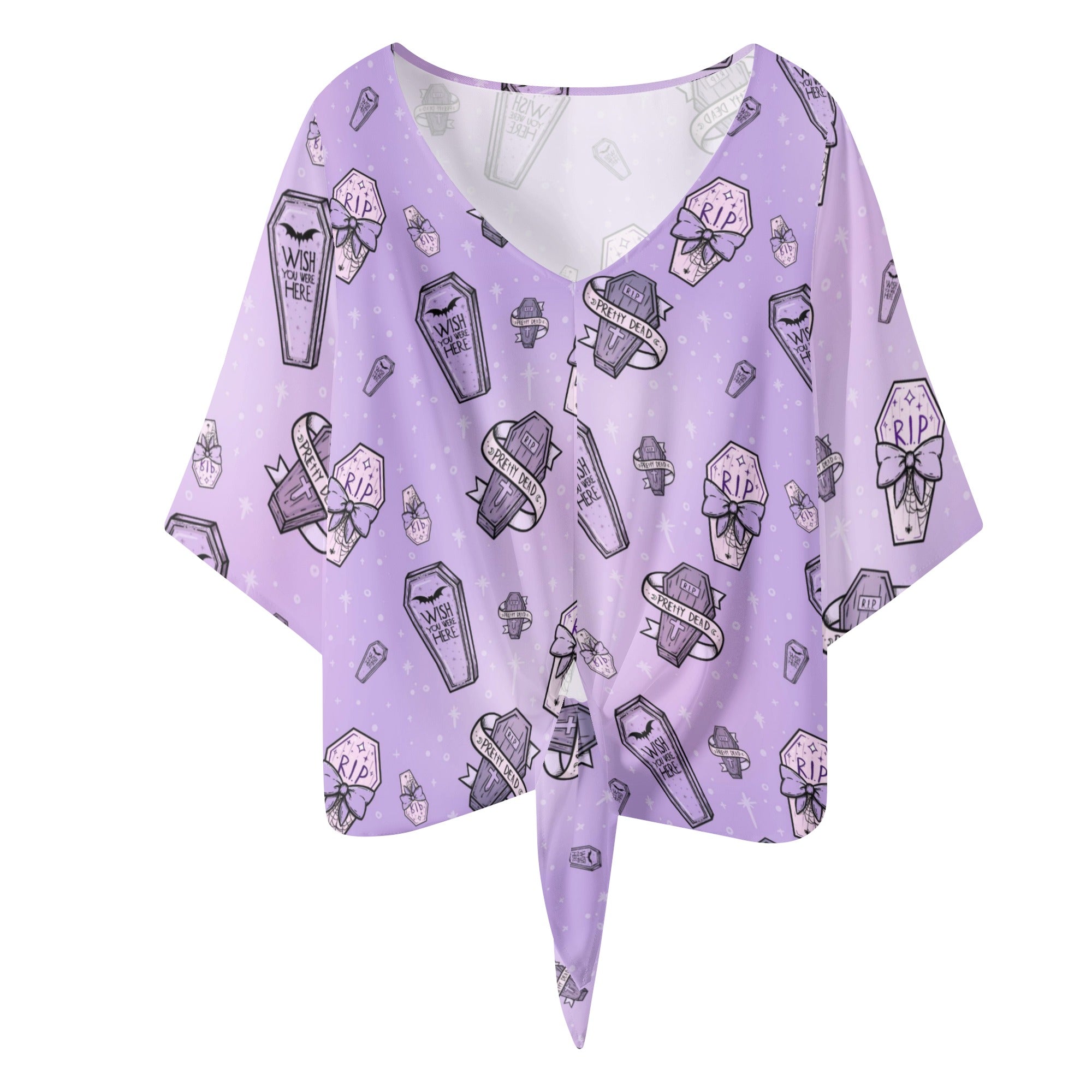 Elegant Purple V-Neck Blouse for Women - Gothic Coffin Print Streamer Top for Cosplay, Halloween & Gothic Fashion