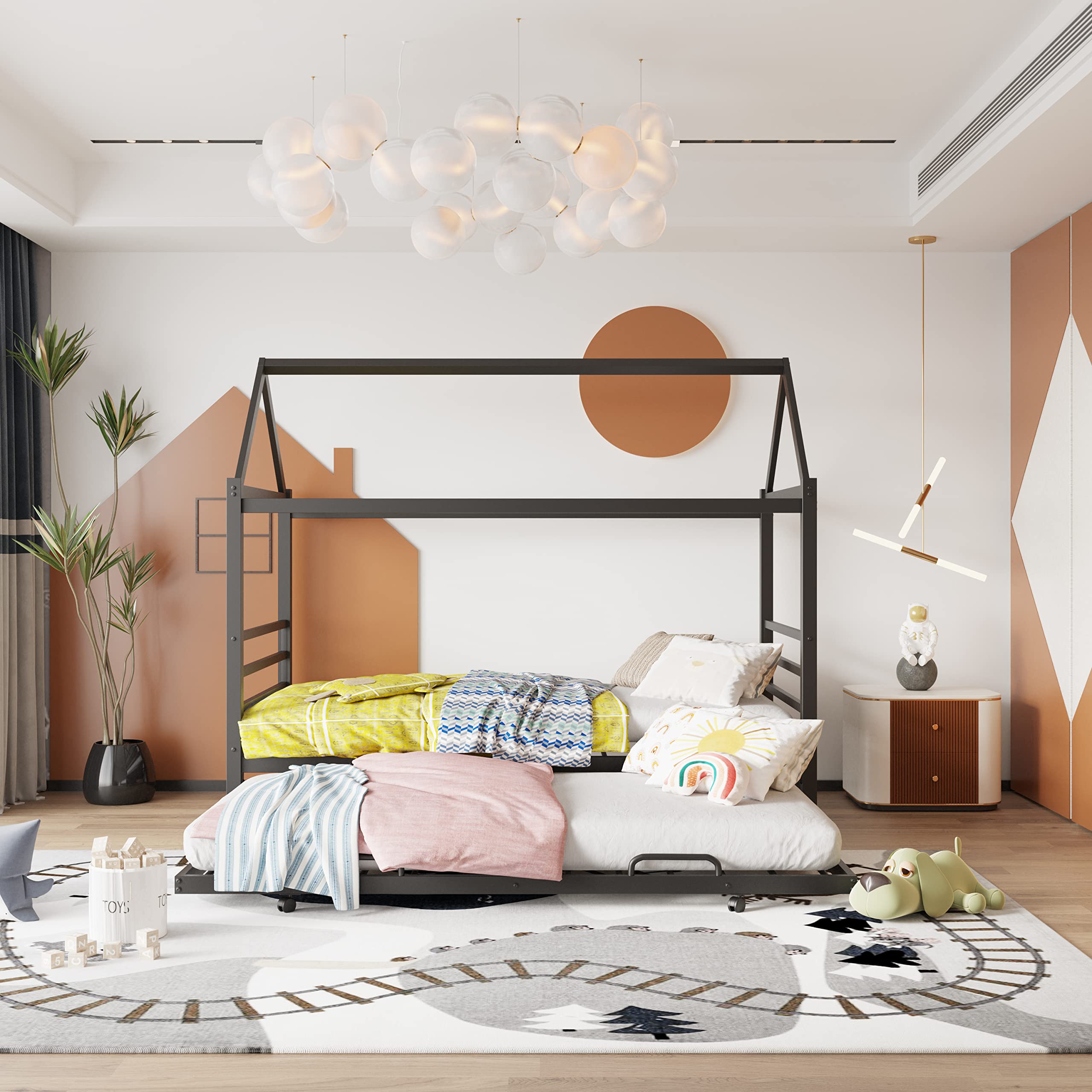 Twin Size Metal House Shape Platform Bed with Trundle - Black | Space-Saving Kids Bedroom Furniture for Small Rooms & Sleepovers