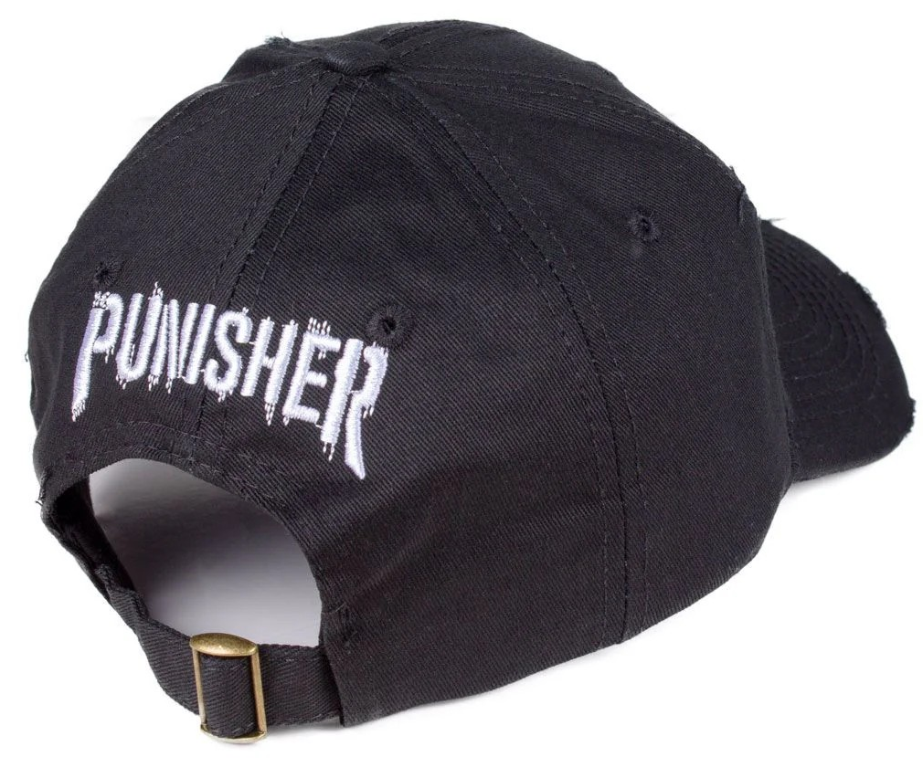 Marvel Comics The Punisher Destroyed Black Cap - Official Licensed Superhero Hat for Cosplay, Halloween & Comic Con | Men's Adjustable Baseball Cap with Embroidered Logo