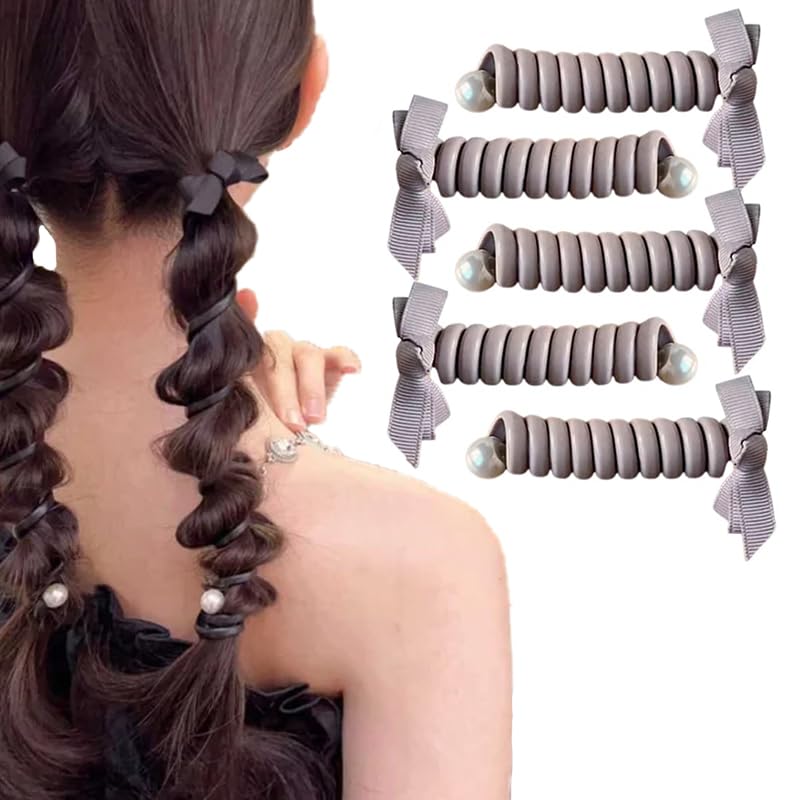 2023 New Bowknot Braided Hair Ties - No Crease Spiral Phone Cord Hair Elastics for Women & Girls (5PCS, Gray) | Perfect for Ponytails, Braids, Workouts & Everyday Styling