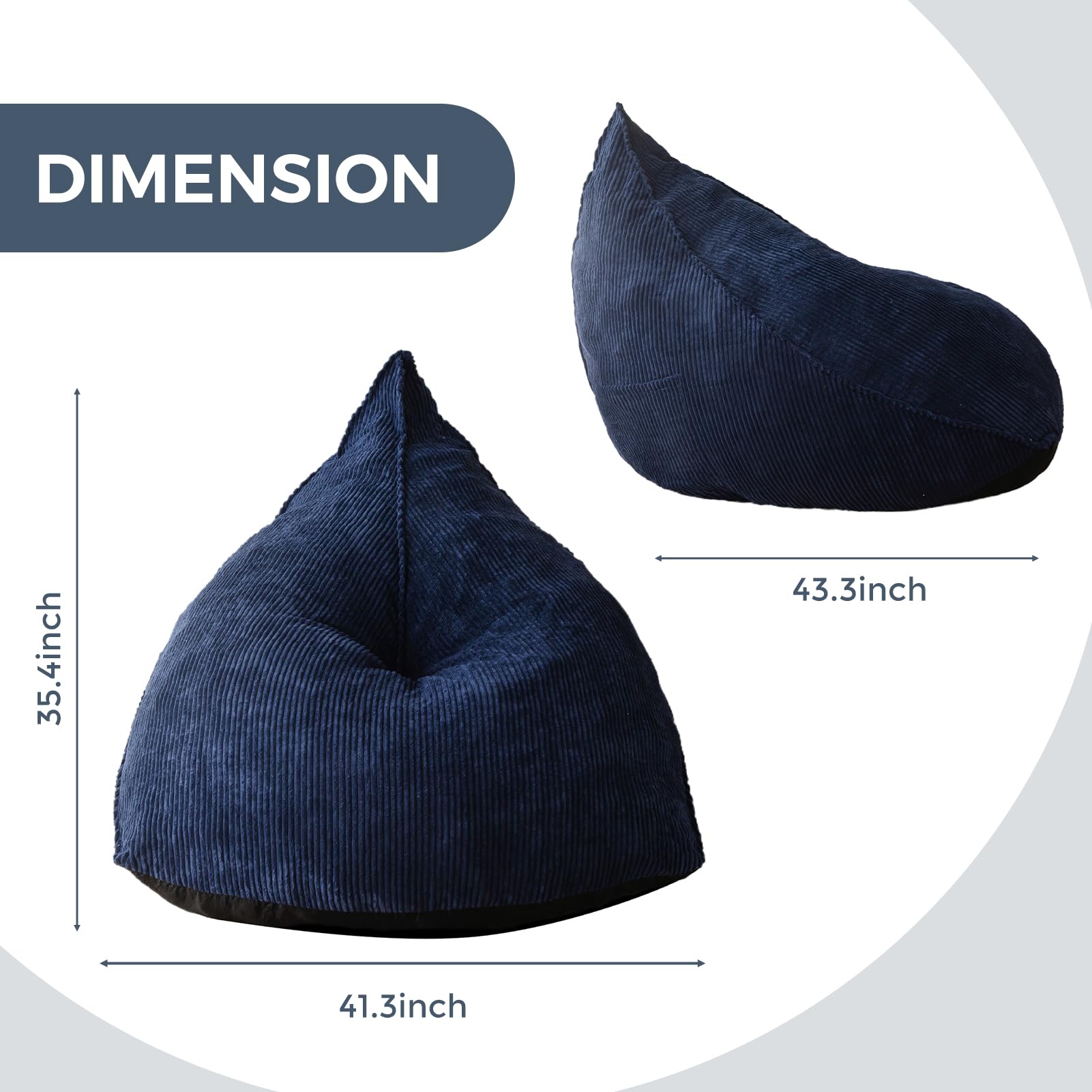 MAXYOYO Corduroy Bean Bag Chair for Adults - Soft & Comfortable Lazy Sofa 43x41x35 Inches with Removable Filler - Navy Blue - Perfect for Living Room, Bedroom, Game Room & Dorm Relaxation