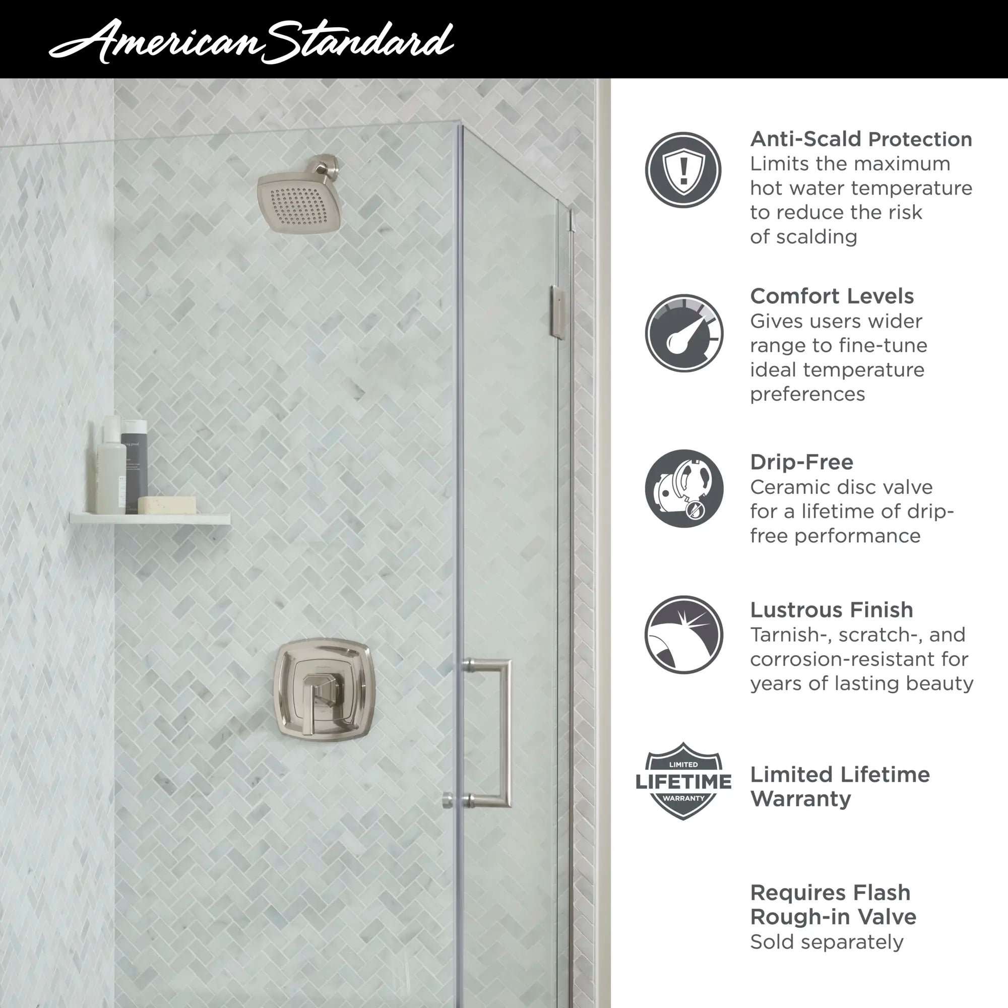Crawford 1.8 GPM Water Saving Shower Trim Kit with Double Ceramic Pressure Balance Cartridge & Lever Handle - Perfect for Eco-Friendly Bathrooms & Water Conservation Homes