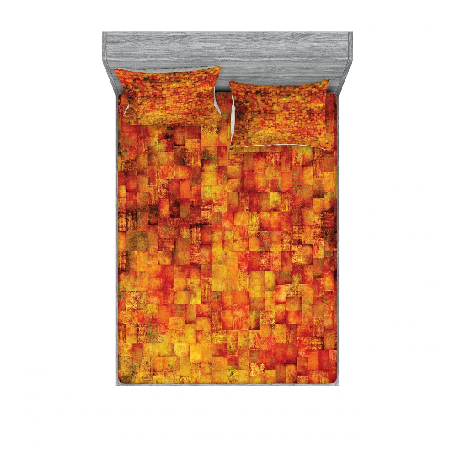 Ambesonne 2-Pack Queen Size Fitted Sheet & Pillow Sham Set - Vintage Mosaic Grunge Design, Orange Mustard Color, 4-Piece Bedding Set (2 Fitted Sheets + 4 Pillow Covers) - Perfect for Guest Rooms, Dorm Decor or Bohemian Bedroom Style