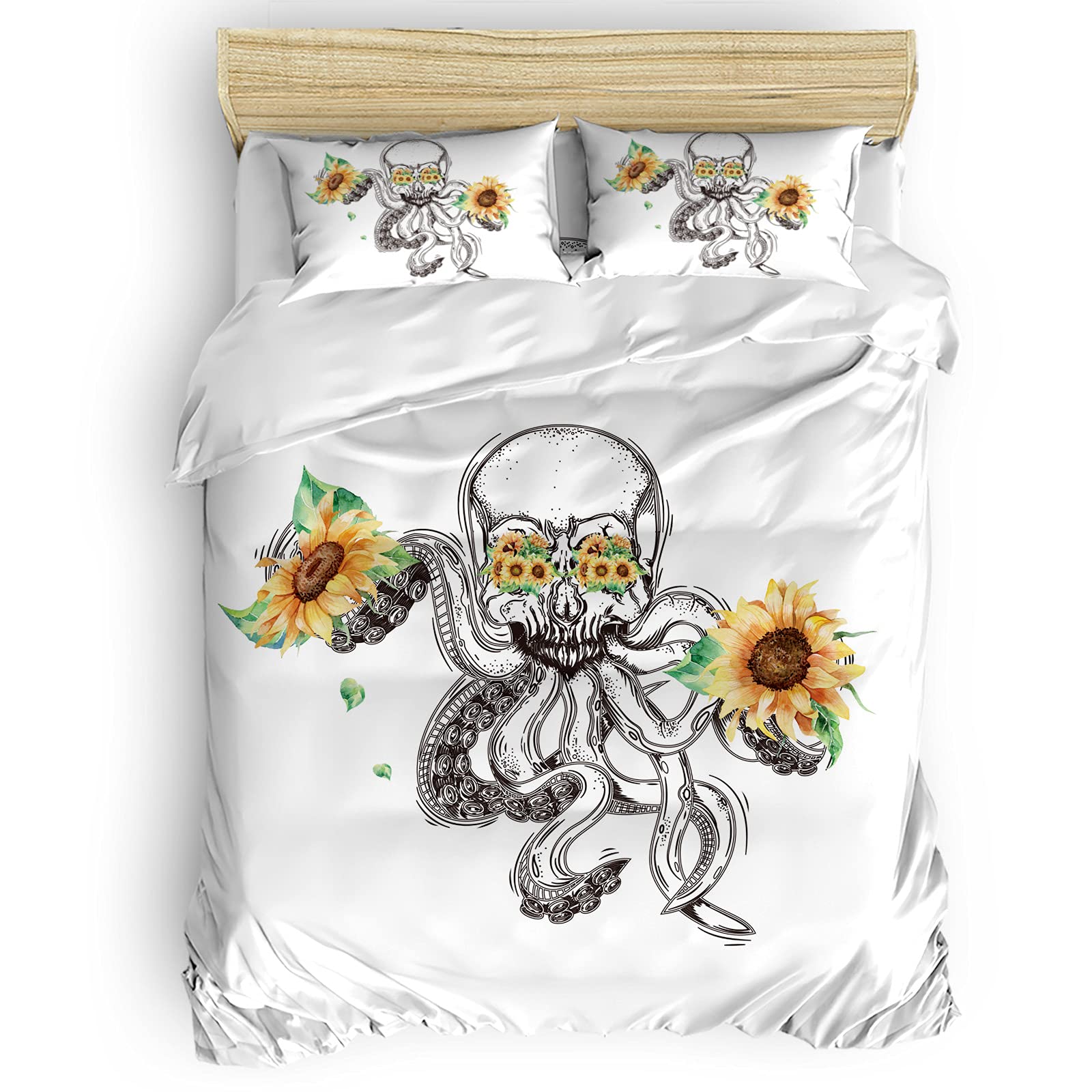 4Pcs King Size Duvet Cover Set - Octopus Skull & Sunflower Print Bedding with Zipper Closure | Soft & Breathable for Cozy Bedroom Decor | Perfect for Guest Rooms, Master Bedrooms & Coastal Themed Homes