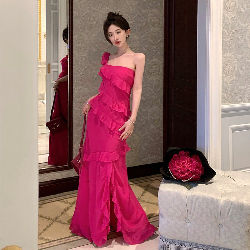 French One Shoulder Rose Red Slit Long Dress for Women - 2023 Summer Fashion Elegant Evening Gown for Parties, Weddings & Date Nights