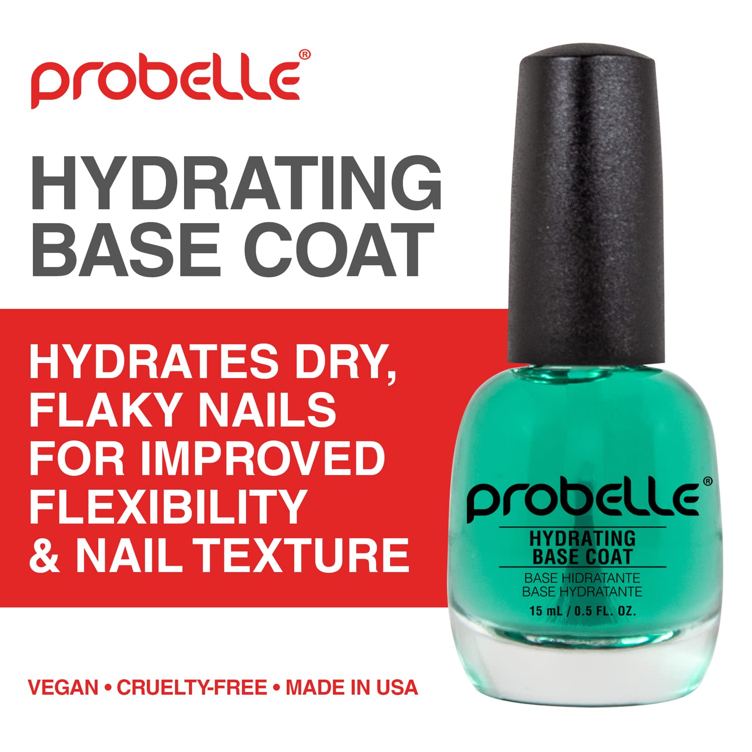 Probelle Hydrating Base Coat for Dry & Brittle Nails - Nail Moisturizer with Healthy Glow | Nourishes, Soothes & Extends Polish Life | Perfect for Dehydrated, Rough, Breaking Nails | At-Home Manicures & Professional Salon Use