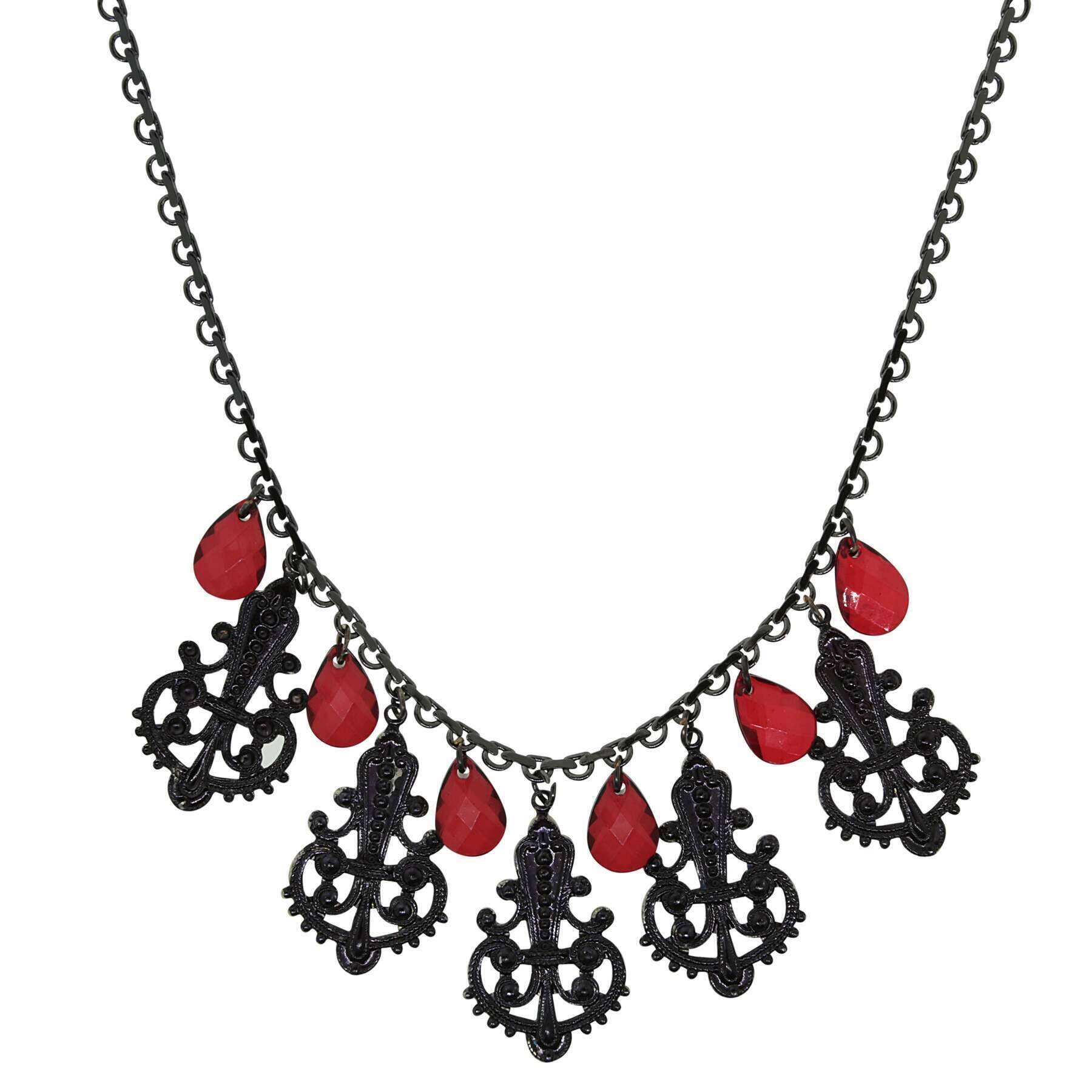 1928 Jewelry Black Royal Filigree Ornamental Red Briolette Drop Necklace - 16