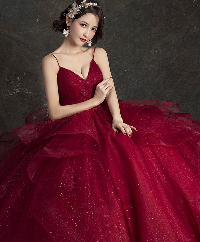 Elegant Burgundy V-Neck Tulle Long Prom Dress with Sweetheart Neckline - Size 16 | Formal Evening Gown for Homecoming, Ball, Quinceañera & Special Occasions