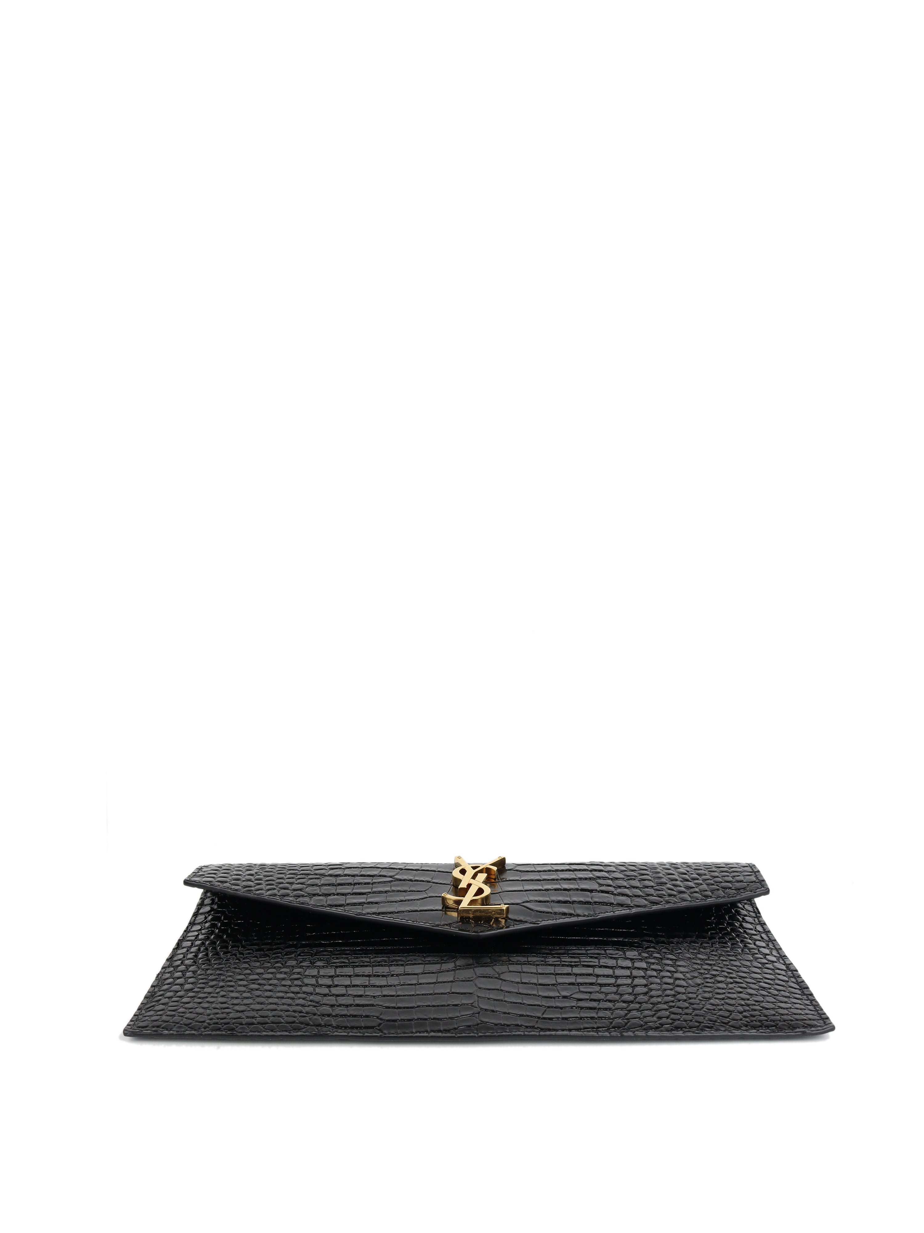 Saint Laurent Black Croc Embossed Uptown Pouch with Gold Hardware - Luxury Evening Clutch for Women, Perfect for Parties, Weddings & Special Occasions
