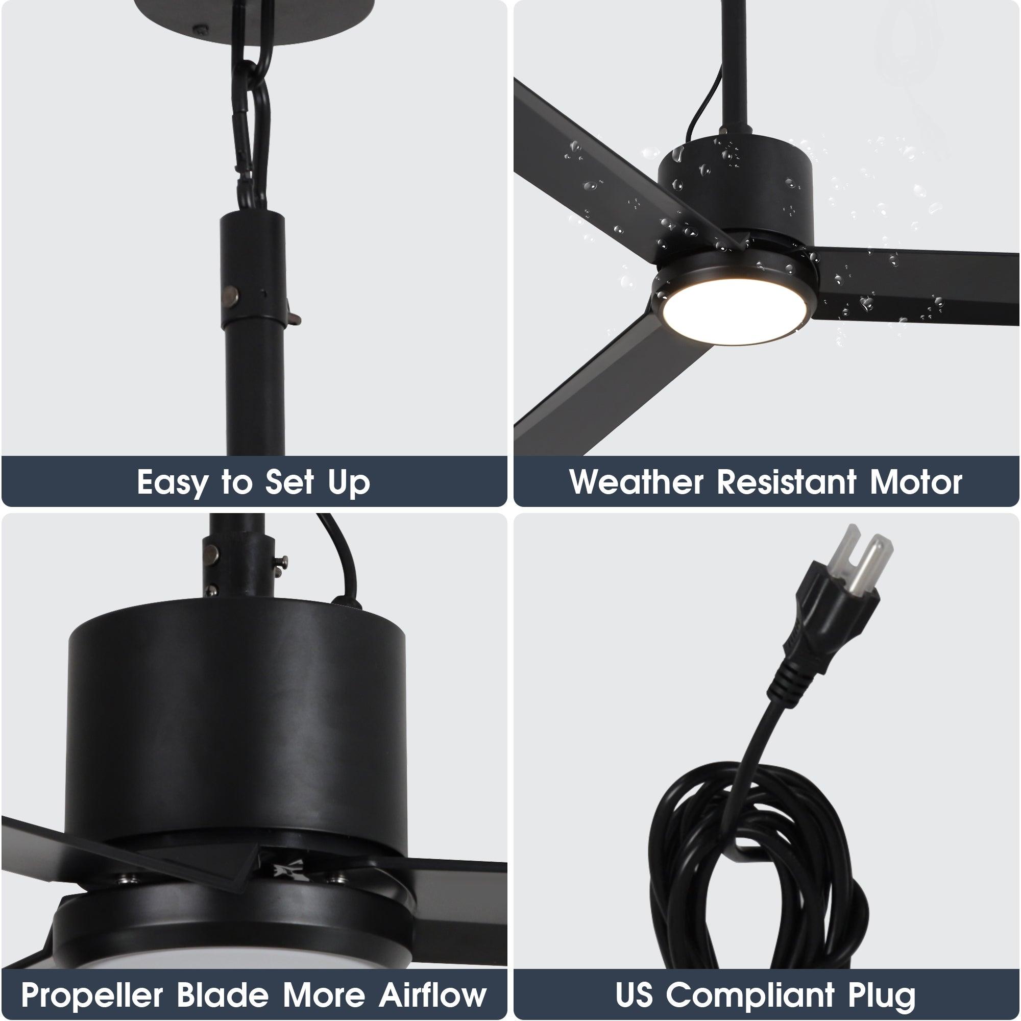 42 Inch IP65 Waterproof Ceiling Fan with LED Light - Indoor/Outdoor Use for Patio, Pool Area, Bathroom & Covered Porches - Black Finish with Convenient Hanging Hook