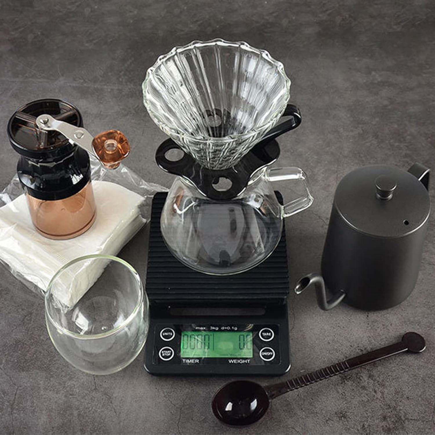 Premium Pour Over Coffee Maker Set - Stainless Steel Manual Coffee Grinder, Glass Dripper & Travel Bag - All-in-1 Portable Camping Coffee Kit for Outdoor Adventures, Home Brewing & Perfect Gifts for Coffee Lovers