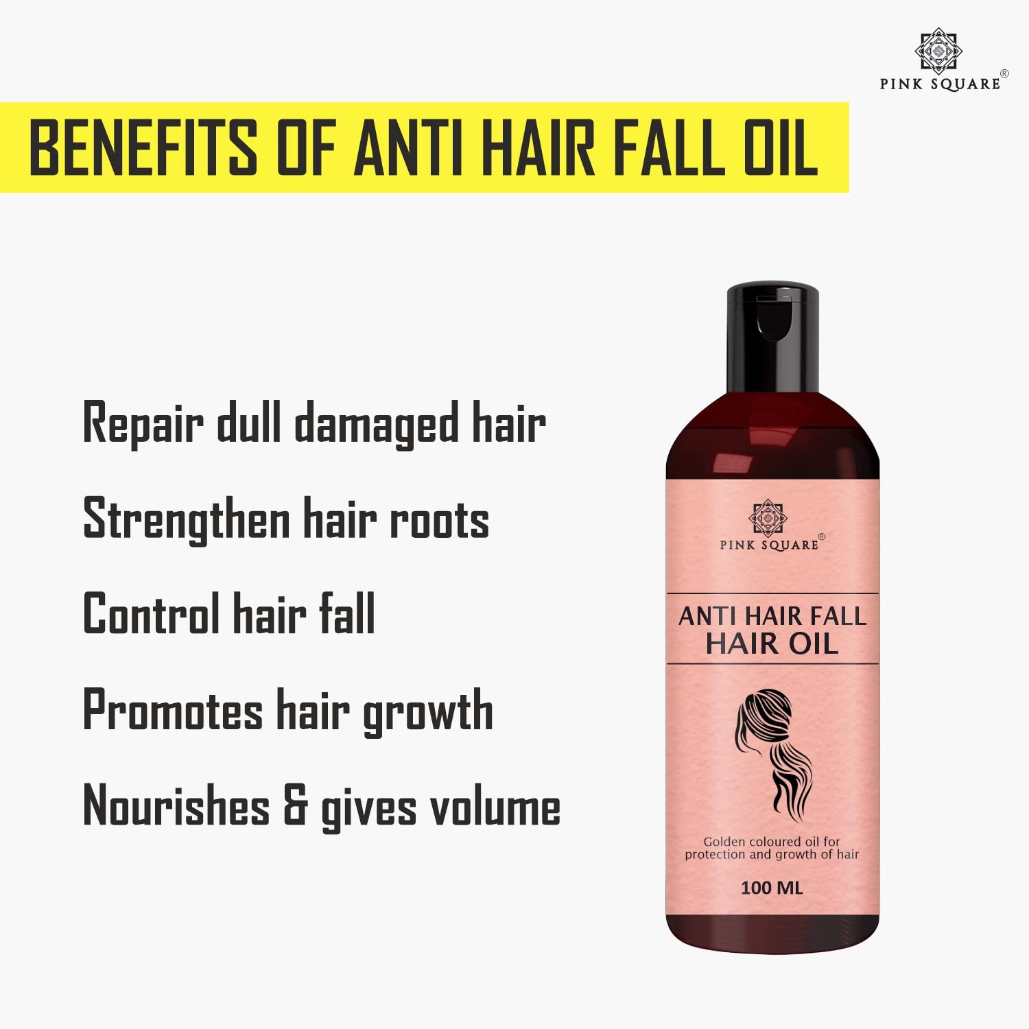 Pink Square Anti-Hair Fall Hair Oil - Non-Sticky Formula with Bhringraj & Amla for Hair Growth & Hair Loss Prevention - 100ml (Pack of 1) - Ideal for Daily Hair Care Routine for Women & Men