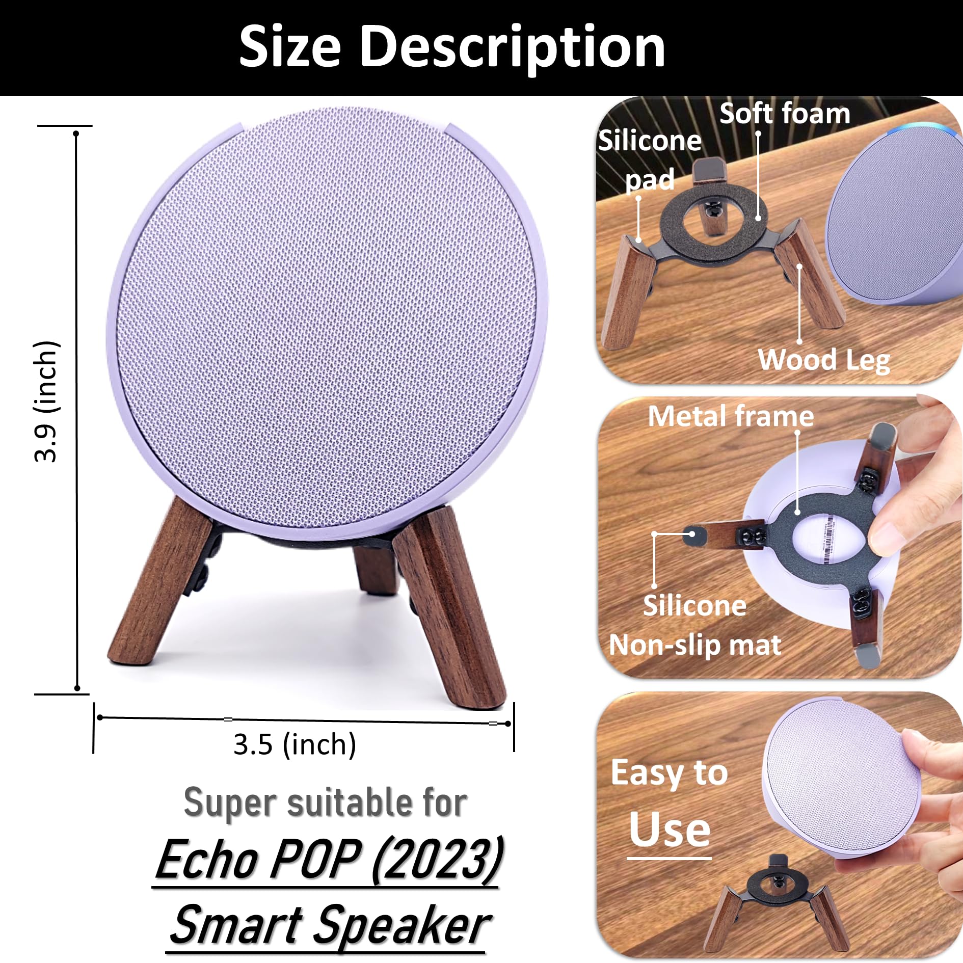 Premium Walnut Wood Stand for Echo Pop Speaker (2023 Model) - Tripod Accessories Holder for Enhanced Audio Quality | Secure & Sturdy Table Mount for Alexa Pop | Perfect for Home, Office & Kitchen Use