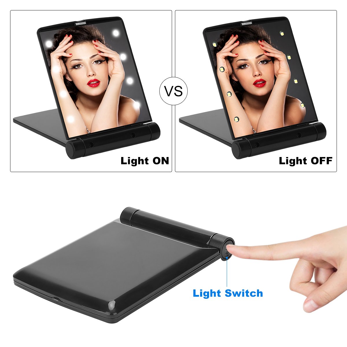 YUSONG Portable LED Makeup Mirror with Lights - Compact Travel Folding Mirror, Handheld Mini Pocket Mirror for Women, Perfect for Purse & On-the-Go Touchups (Black) - Ideal for Travel, Home Vanity & Professional Makeup Application