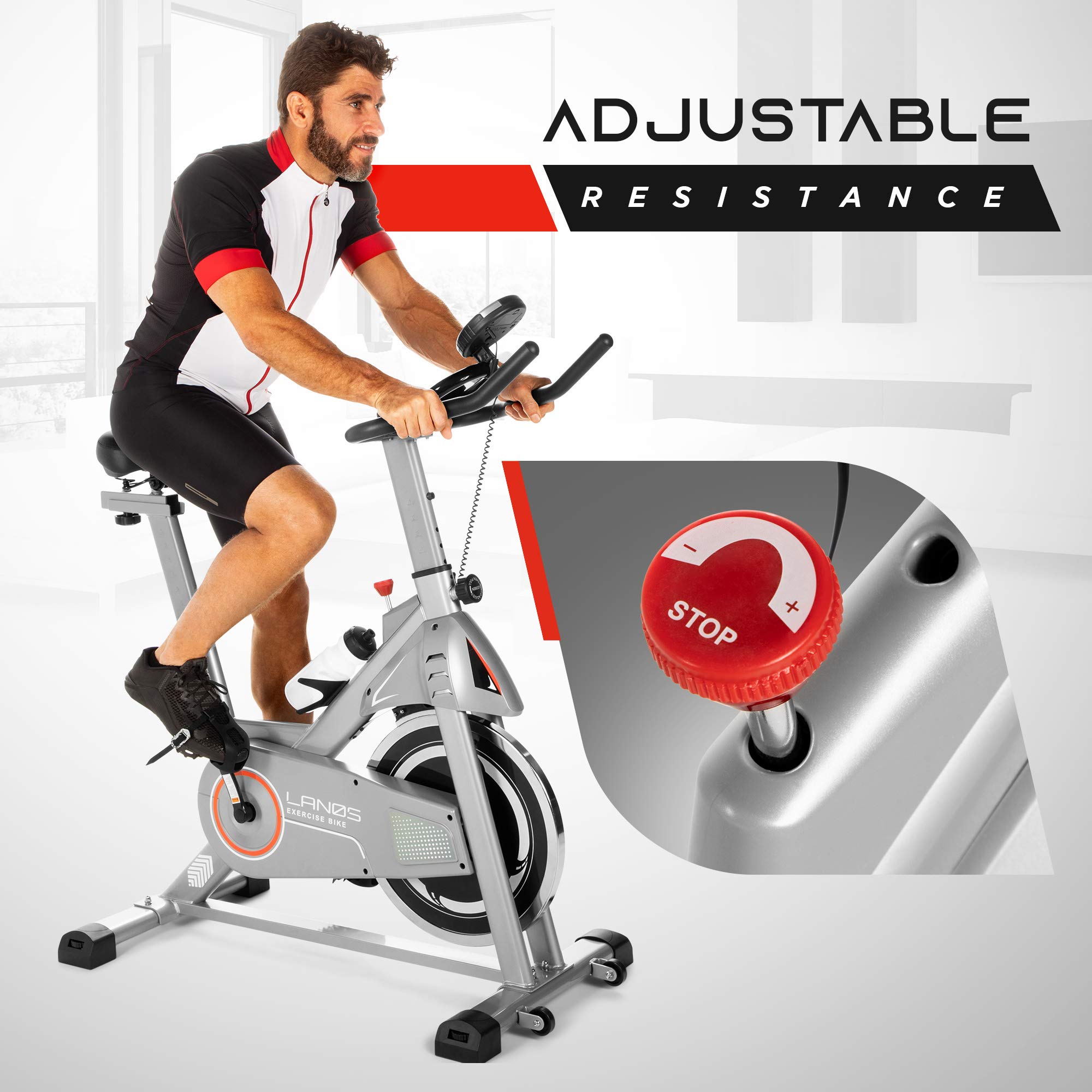 **Lanos Exercise Bike for Home Gym - Indoor Cycling Bike with Silent Belt Drive, Comfortable Seat & iPad Holder - Cardio Workout Equipment for Men & Women - Perfect for Small Spaces, Apartment & Office Use**