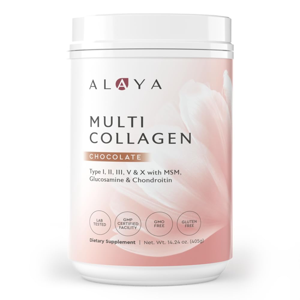 Alaya Multi Collagen Powder - Hydrolyzed Collagen Peptides Protein Supplement with Types I, II, III, V, X + MSM & GC (Chocolate Flavor) | Supports Skin, Hair, Nails & Joint Health - Perfect for Smoothies, Coffee & Baking