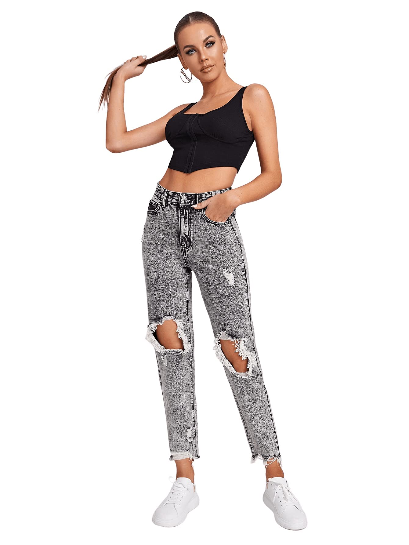 SweatyRocks Women's High Waist Ripped Jeans - Distressed Raw Hem Denim Pants for Casual Wear & Street Style | Trendy Vintage Look for Everyday Outfits & Night Out