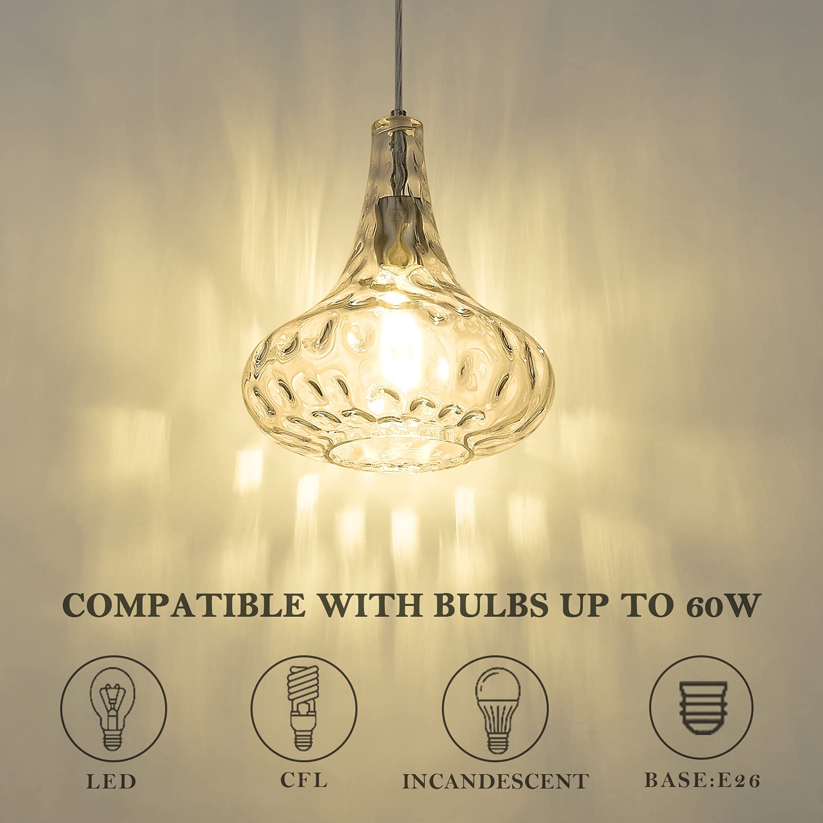 AUTELO Hammered Glass Pendant Light Fixture - Modern Kitchen Island Lighting for Dining Room, Living Room & Bar | Dimmable Hanging Light for Home Decor H9164