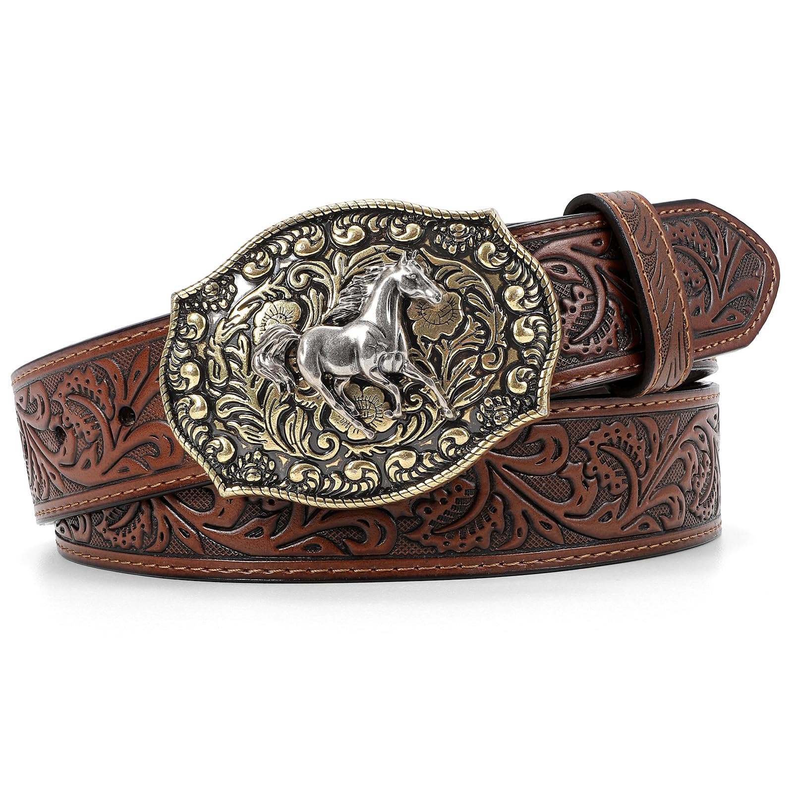 SANSTHS Genuine Leather Cowboy Belts for Men & Women - Western Style Buckle Belt with Embossed Design - Perfect for Jeans, Rodeo & Country Fashion - Great Christmas Gift Idea for Cowboy & Cowgirl Lovers