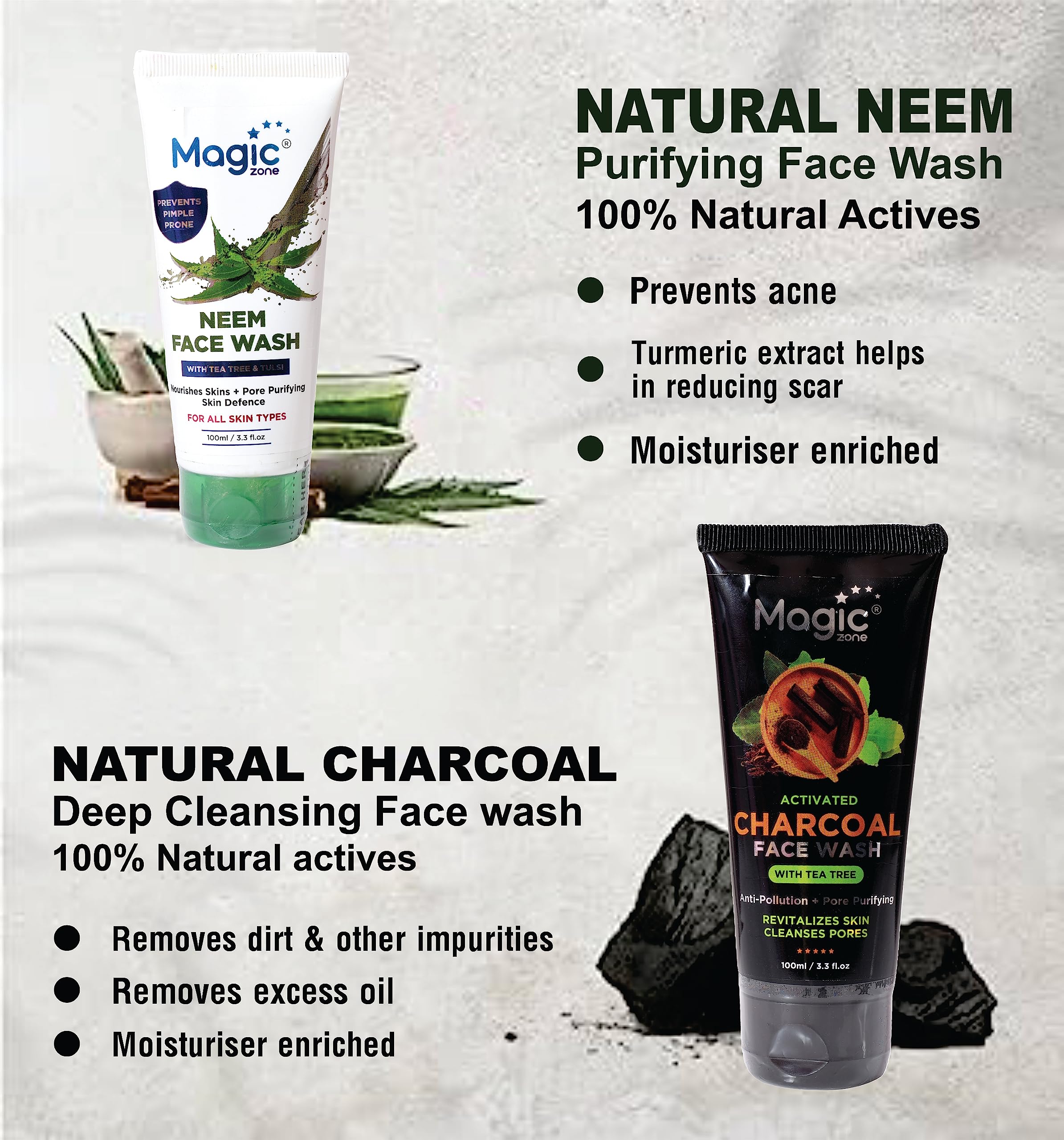 Activated Charcoal & Neem Face Wash Combo Pack (100ml Each) - Deep Cleansing, Pimple & Blackhead Treatment, Oil Control for Clear Skin | Perfect for Daily Skincare Routine & Acne-Prone Skin