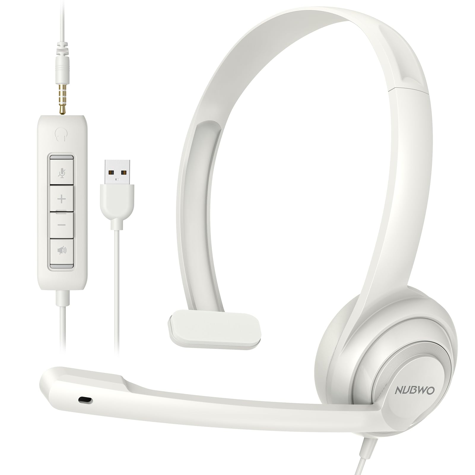 HW02 USB Headset with Microphone - Noise Cancelling Computer Headset with In-Line Volume Control, Lightweight & Comfortable Wired Headphones for PC, Laptop, Office, Call Center - Perfect for Zoom, Skype, Webinars, Online Classes (White)