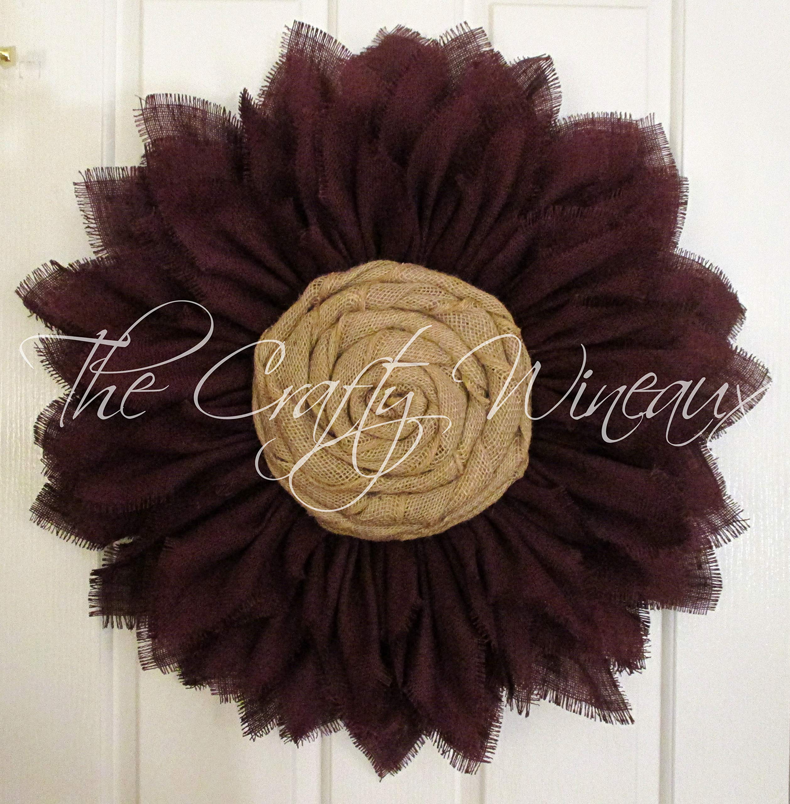 Extra Thick Burgundy Wine Red Burlap Sunflower Wreath - Handmade Farmhouse Decor by The Crafty Wineaux™ - Perfect for Front Door, Fall & Christmas Home Decor