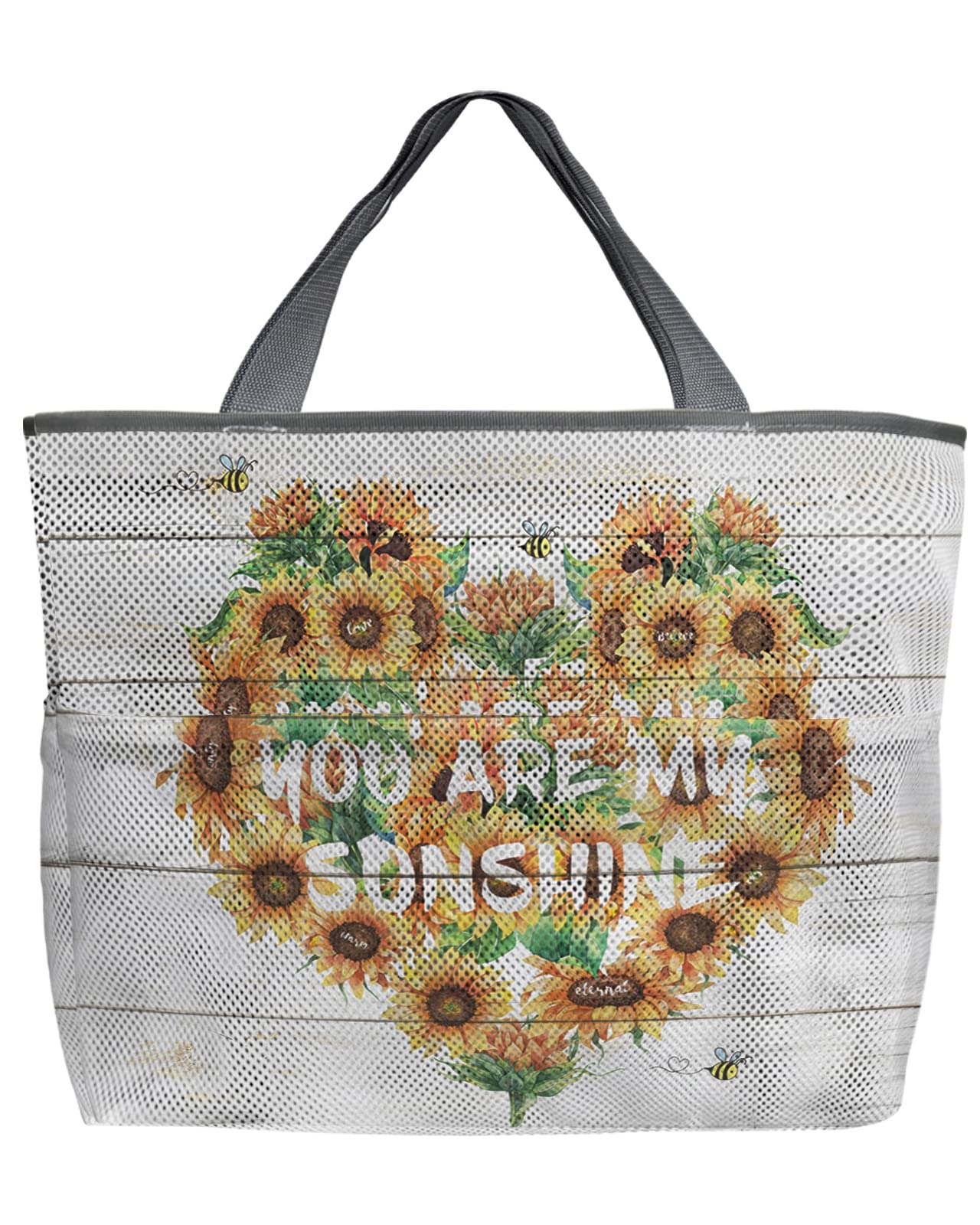 Sunflower Heart Mesh Beach Tote Bag - 60L Oversized Quick-Dry Swim Bag with Pockets | Foldable Lightweight Storage Net for Pool, Beach & Groceries (24x18x8 inches) | Perfect for Summer Vacations, Water Sports & Shopping Trips