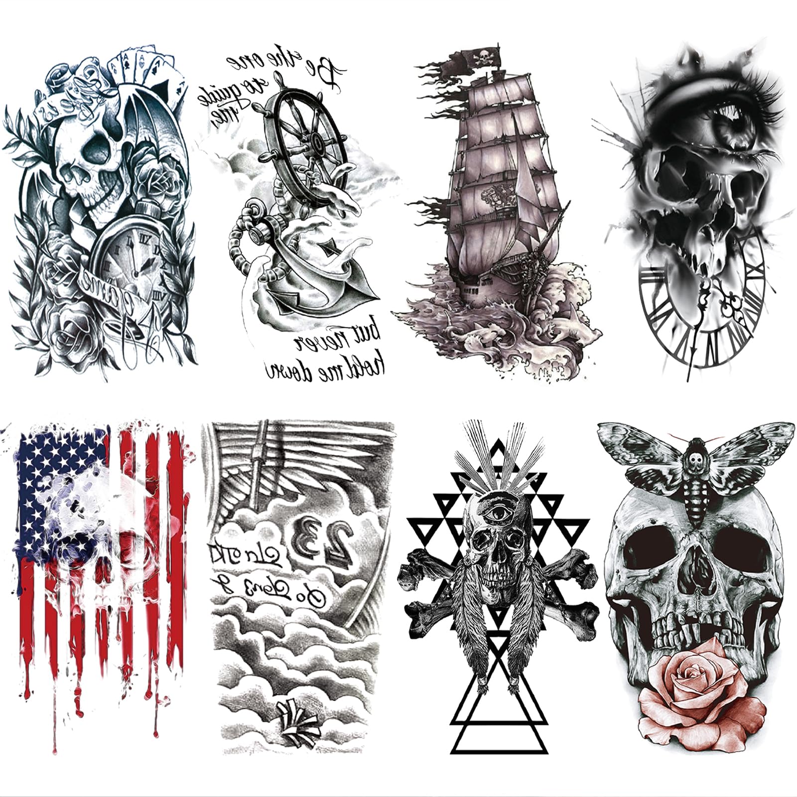 Realistic Pirate Temporary Tattoos for Adults - Large Half Sleeve Black Skull Anchor Sailboat Fake Tattoo Stickers for Men & Women, Tribal Skeleton Body Art Makeup (8 Sheets) - Perfect for Halloween Costumes, Cosplay, Themed Parties and Tattoo Lovers