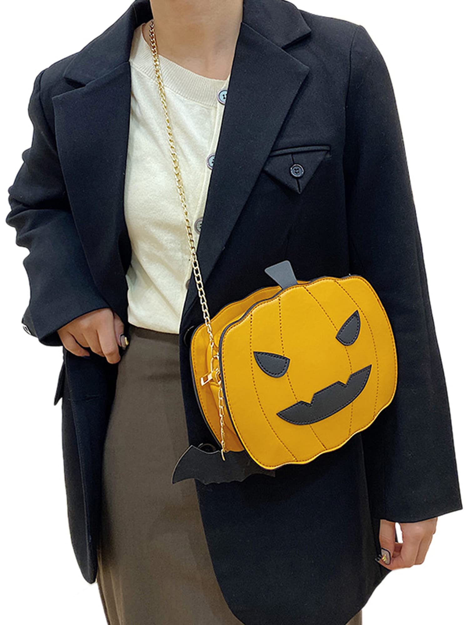 Women's Pumpkin Shoulder Bag - Cute Devil Crossbody Purse for Halloween Trick or Treat - Fashionable Yellow Handbag for Parties, Cosplay & Spooky Outfits