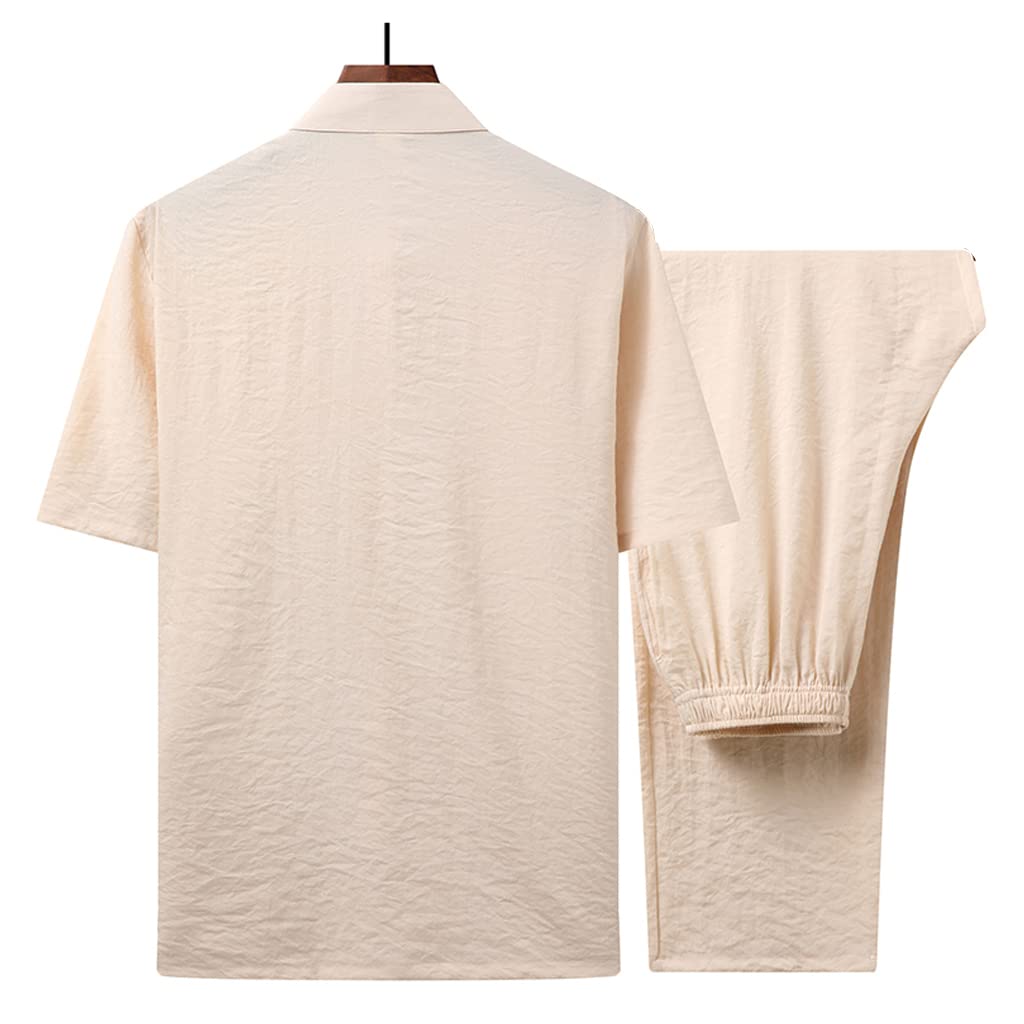 Men's Summer Thin Cool Tang Suit Hanfu - Chinese Traditional Embroidered Short Sleeve Shirt & Pants Set in White (3XL) | Perfect for Cultural Events, Cosplay & Asian Fashion Enthusiasts