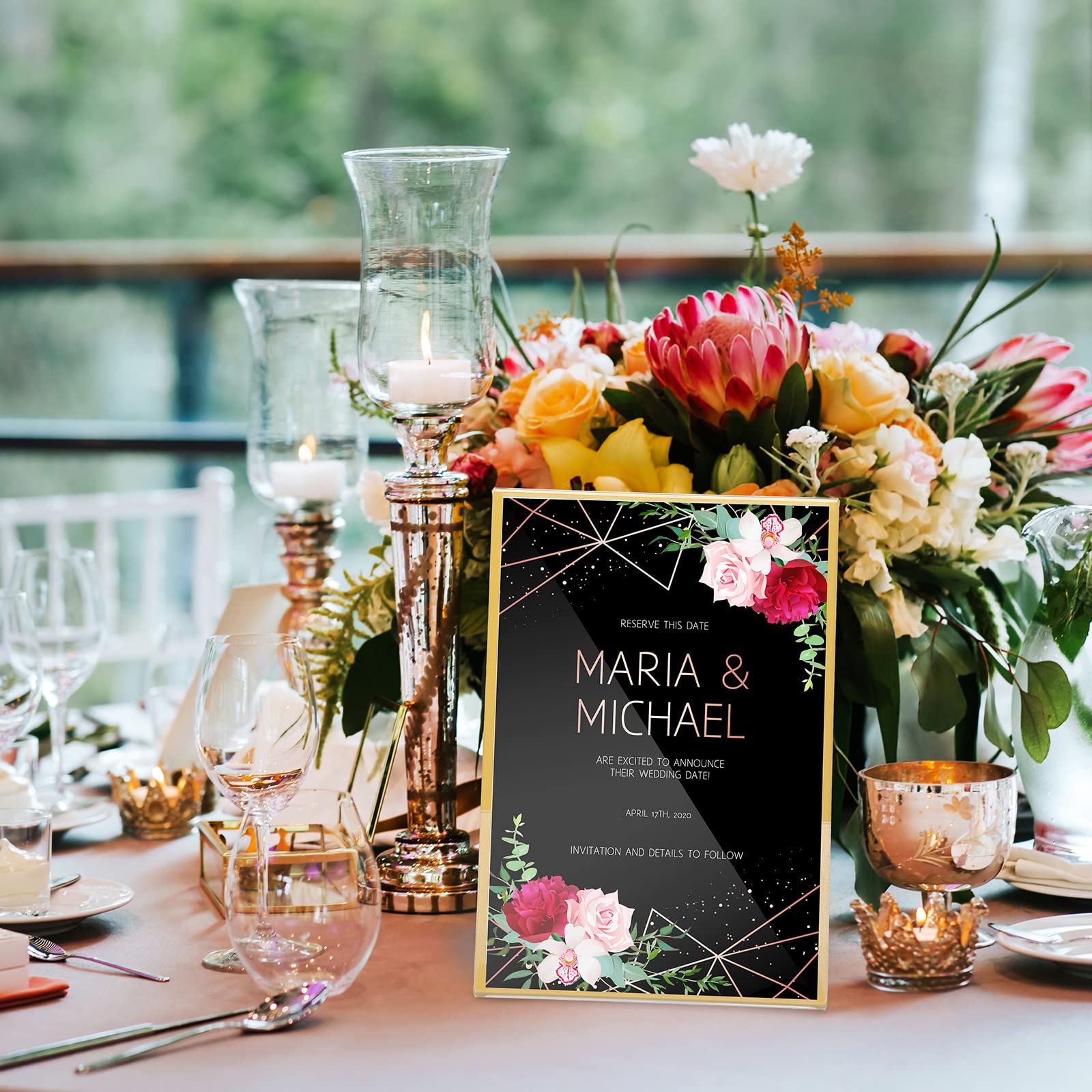 24 Pack Gold Border Acrylic Sign Holders - 5x7 Inch Clear Plastic Picture Frames with Vertical & Slant Back for Tabletop Display - Perfect for Wedding Menus, Office Signs, Restaurant Displays & Retail Merchandising