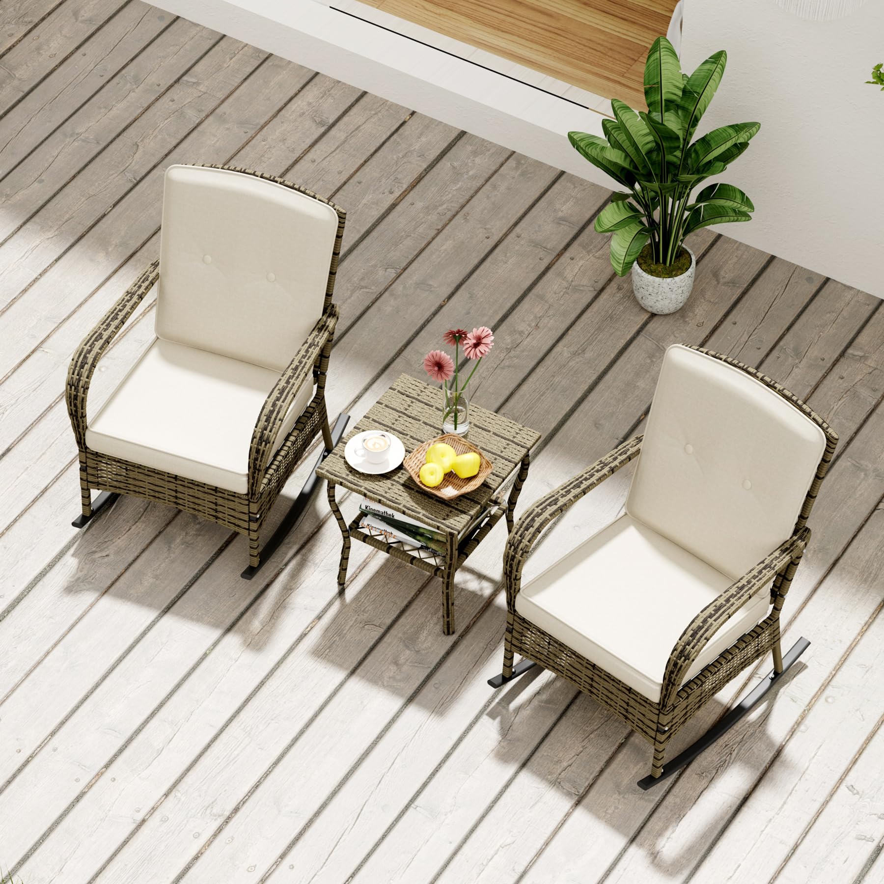 3-Piece Patio Conversation Set with Outdoor Rocking Chair & Wicker Bistro Table - Beige Porch Furniture for Deck, Garden, Poolside Relaxation | Perfect for Backyard Lounging, Outdoor Entertaining & Sunset Chats