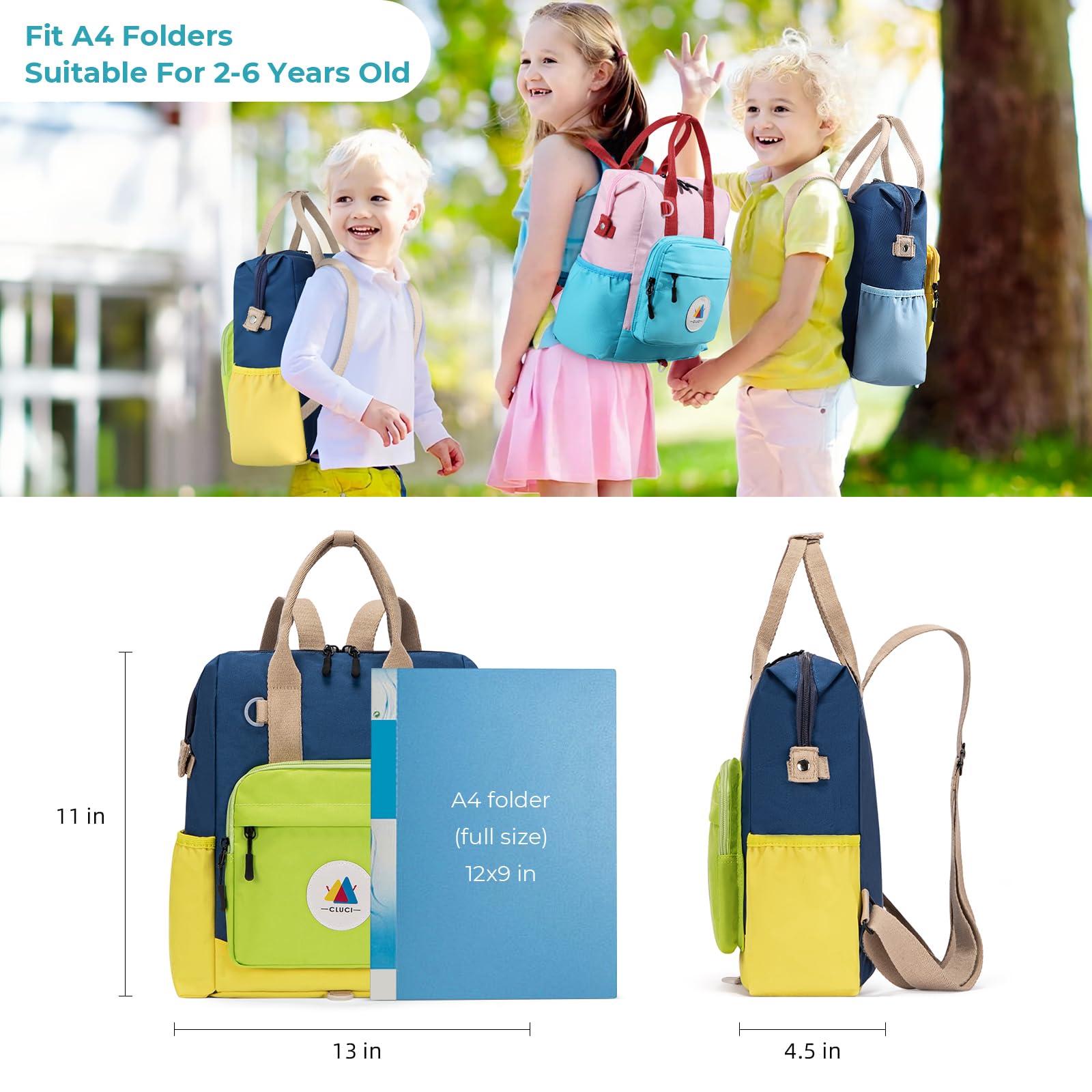 CLUCI Toddler Backpack for Boys & Girls - Lightweight School Backpack for Preschool, Kindergarten & Travel - Waterproof Kids Backpack for Daycare, Outings & Daily Use (Ages 2-4, No Velcro) - Perfect for School Supplies, Snacks & Essentials