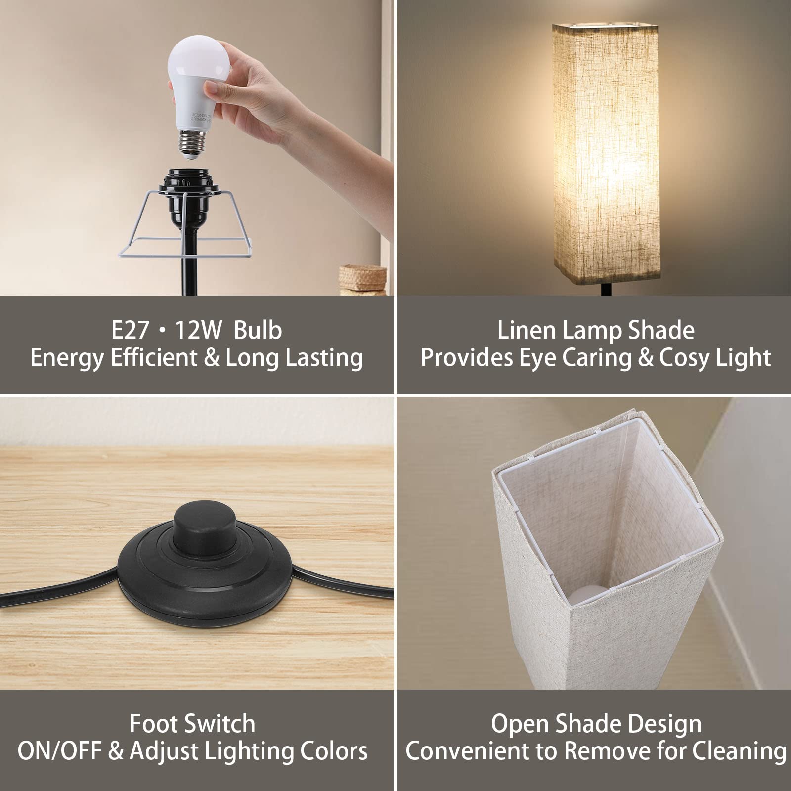 Modern CRLL Floor Lamp for Living Room & Bedroom - Dimmable Standing Lamp with Remote & Foot Switch, 2700K-6500K Adjustable Light, Linen Shade - Perfect Reading Lamp for Home Office, Study or Night Light Use