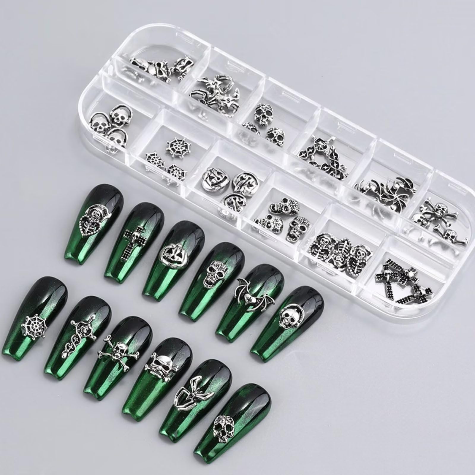 36Pcs Halloween Nail Art Charms - 3D Cross & Skull Shape Nail Gems, Shiny Acrylic Nail Jewelry Accessories with Storage Box for Halloween Parties, Cosplay & Nail Salon Decorations