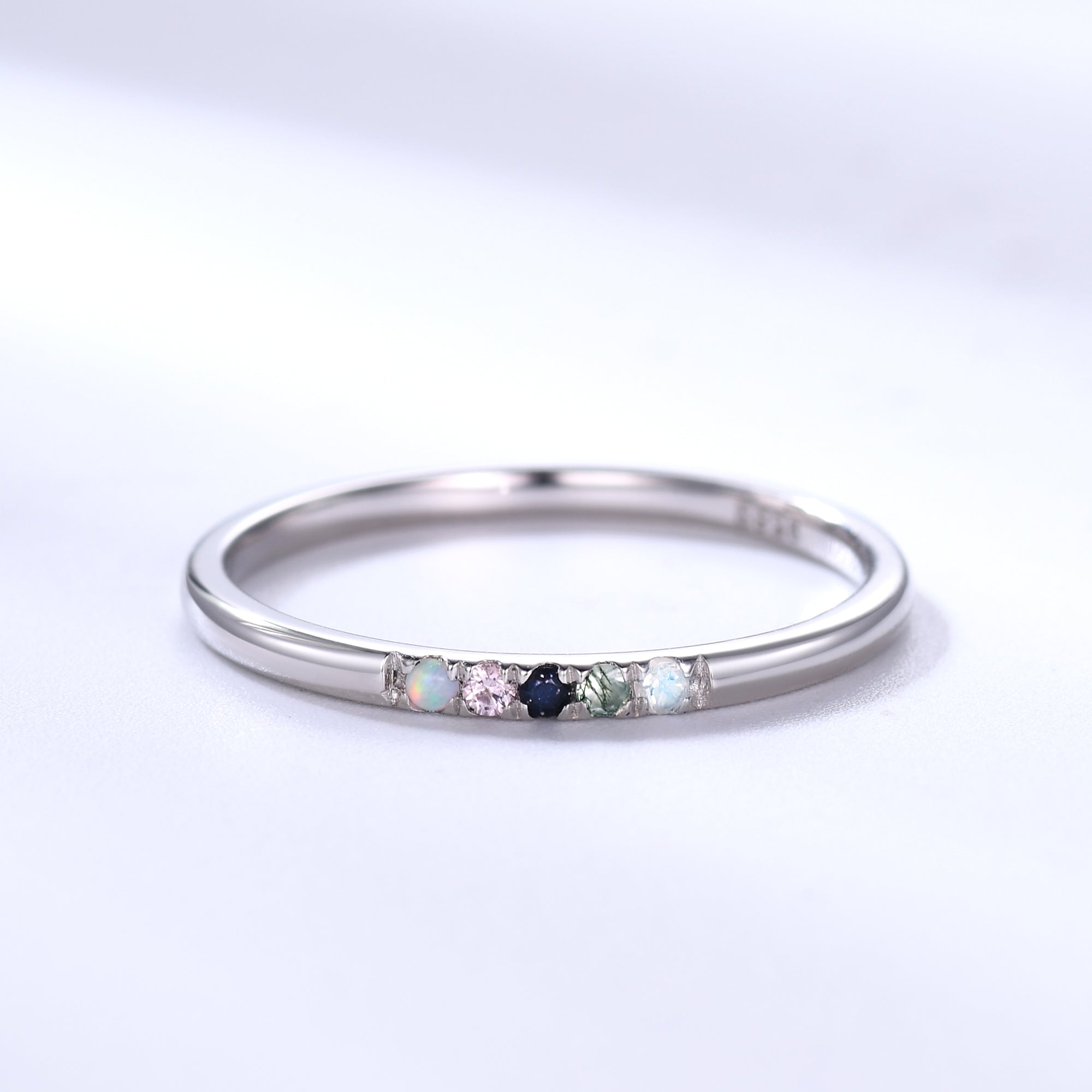 Personalized 5 Birthstone White Gold Ring for Mom - Moonstone, Moss Agate, Sandstone, Morganite & Opal - Perfect Gift for Mother's Day, Anniversary & Special Occasions
