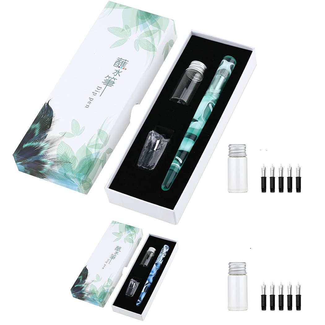 Multifunctional Dual-Purpose Glass Dip Pen & Fountain Pen Set - 5 Interchangeable Nibs for Calligraphy, Writing & Painting - Premium Resin Acrylic Signature Pen (Blue) - Perfect for Artists, Writers & Office Professionals