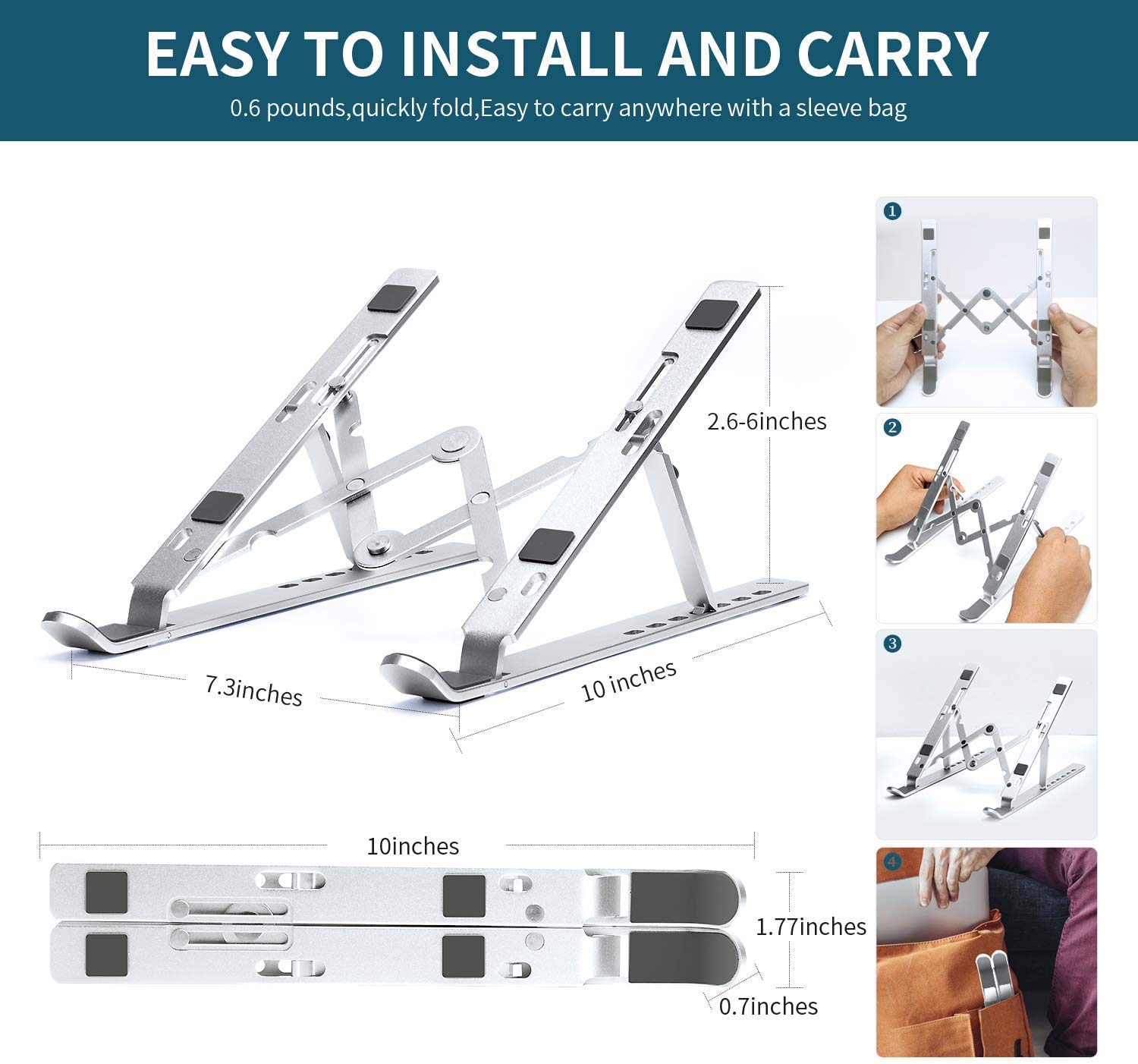 Adjustable & Foldable Aluminum Laptop Stand for Desk - Portable Ergonomic Computer Riser for MacBook, Air, Pro - Perfect for Home Office, Gaming & Travel Use