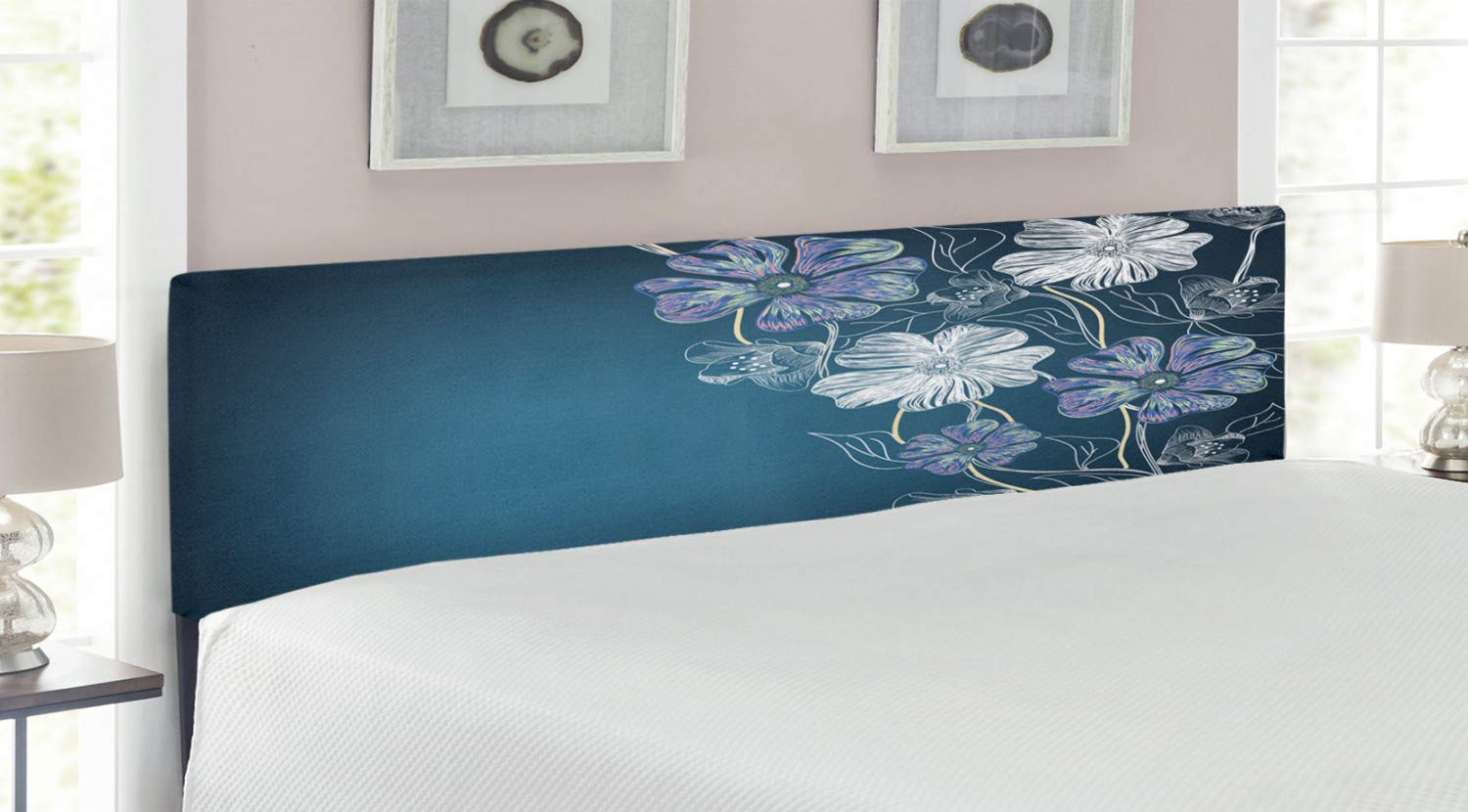 Ambesonne King Size Upholstered Metal Headboard with Memory Foam - Hand-Painted Cherry Blossom Fantasy Design in Petrol Blue Lavender - Perfect for Bridal, Garden & Anniversary Bedroom Decor