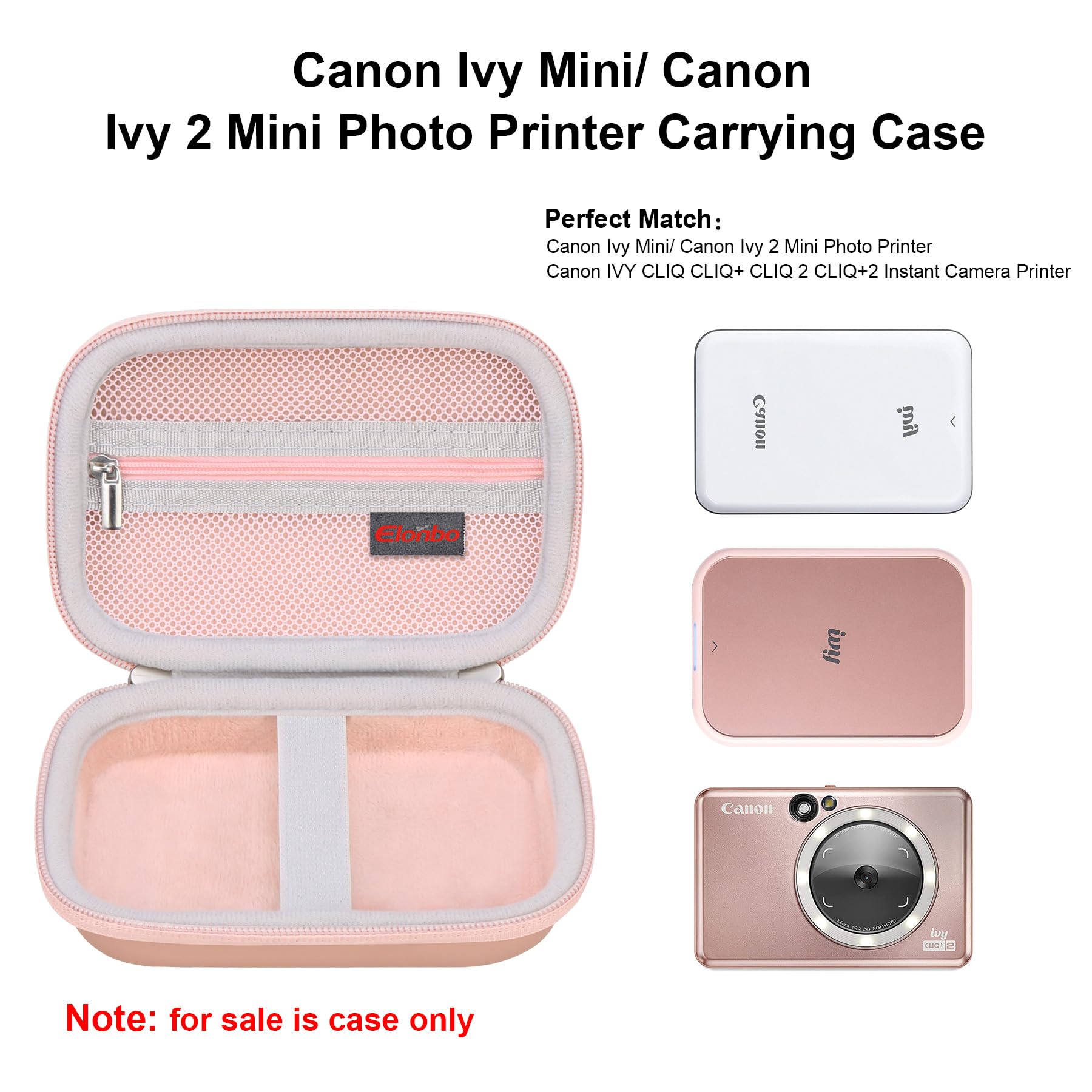 Elonbo Portable Travel Carrying Case for Canon Ivy 2 Mini & Ivy Mini Photo Printer - Bluetooth Instant Camera Storage Bag with Mesh Pocket for Photo Paper & Cables (Rose Gold) - Perfect for Travel, Home Use & On-the-Go Printing