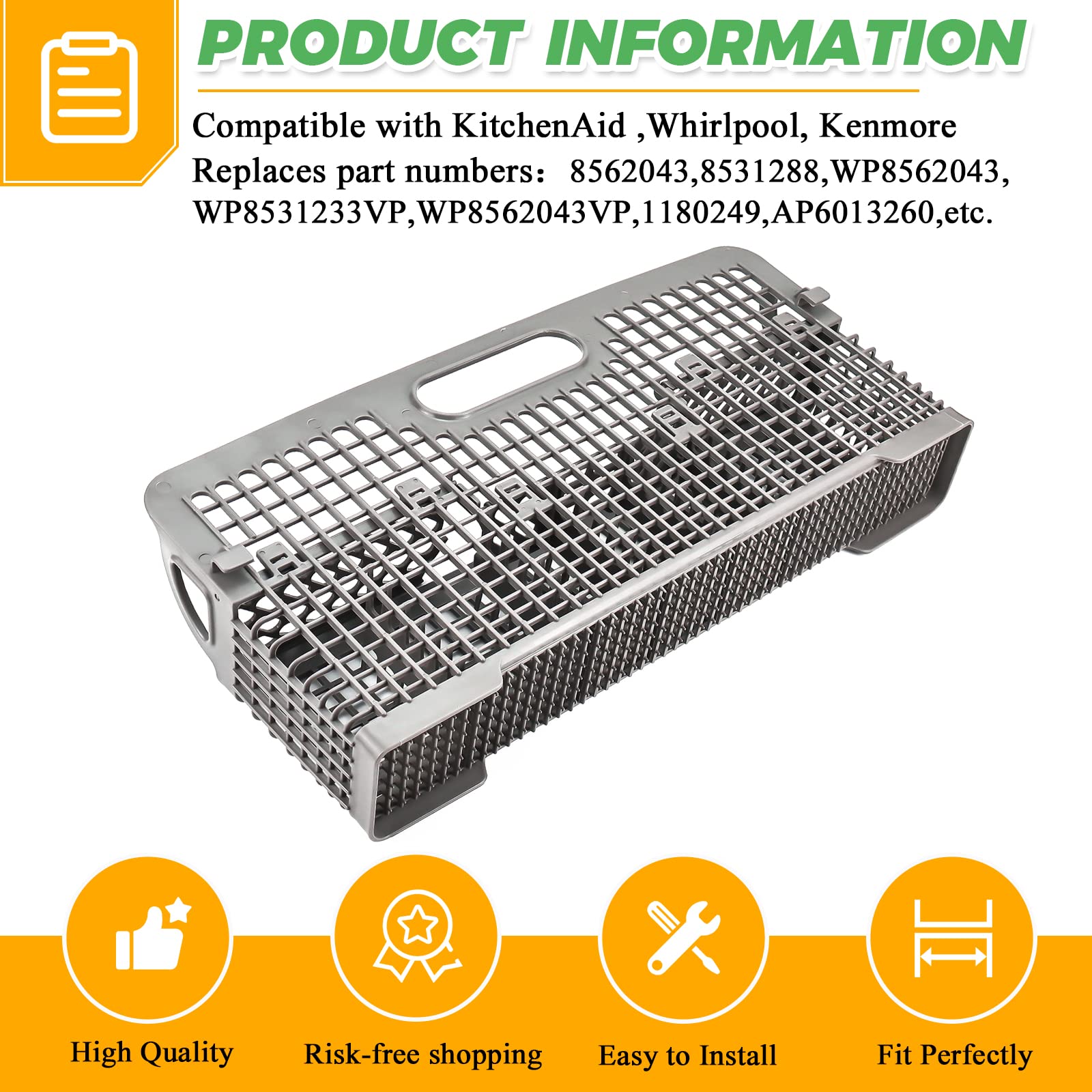 Universal Dishwasher Silverware Basket Replacement for Whirlpool & KitchenAid Dishwashers - Compatible with Models W10190415, 8531233, 8531288, 8562043 - Durable Utensil Holder for Easy Organization - Perfect for Kitchen, Restaurant & RV Use