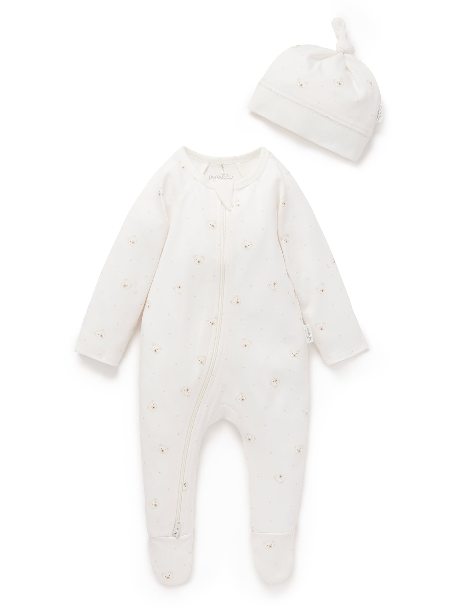 Purebaby Organic Cotton Baby Growsuit & Hat Set - Soft Vanilla Bear Design for Newborns & Infants | Perfect for Photography, Gifts & Everyday Comfort