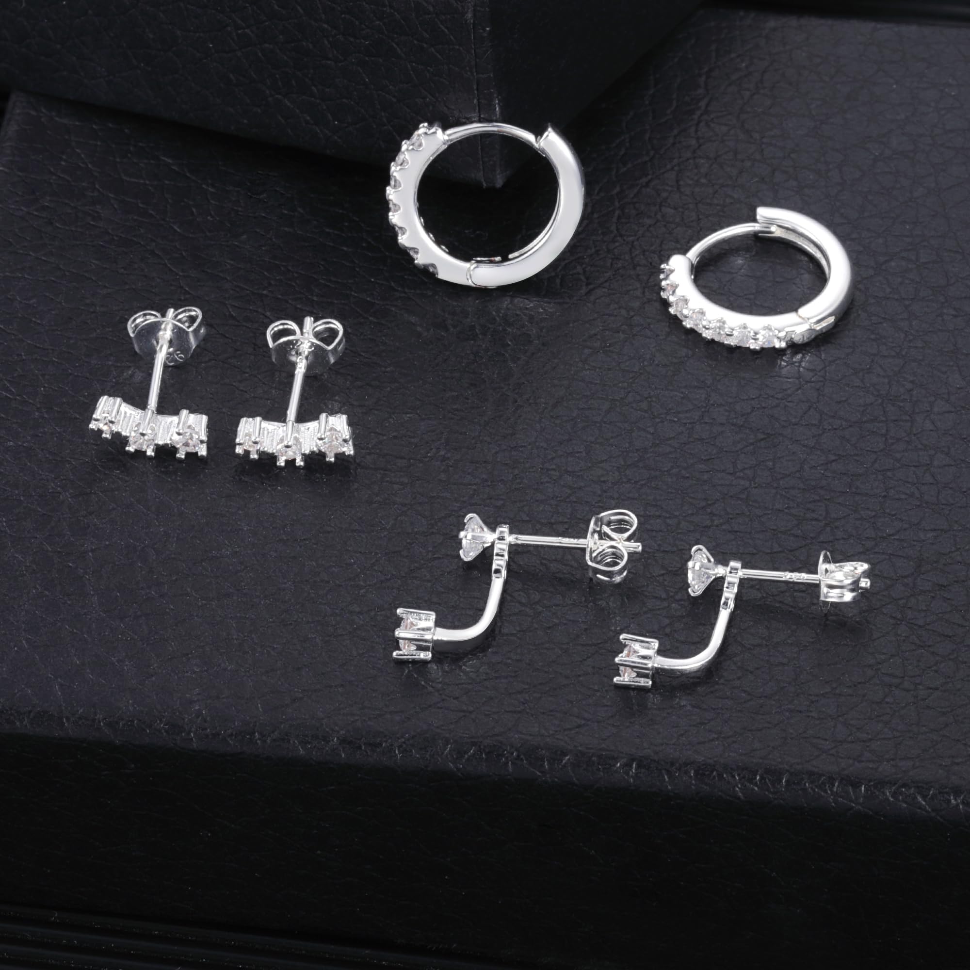 3 Pairs Sterling Silver Earrings for Women - Trendy Silver Stud & Hoop Earrings Set for Multiple Piercing - Dainty Cartilage Huggie Hoops with Hypoallergenic Small Cubic Zirconia - Perfect for Everyday Wear, Date Night & Gift Giving