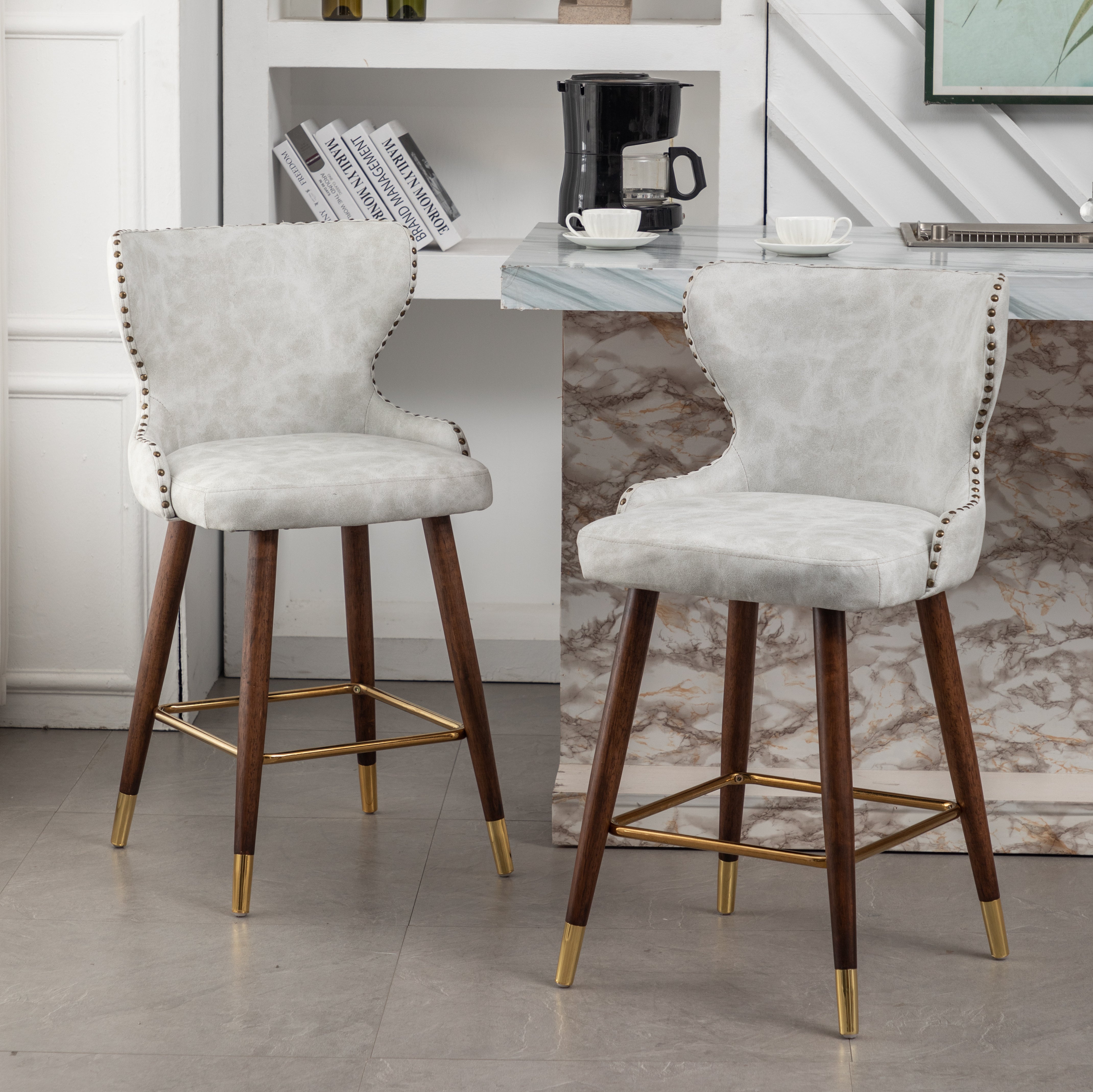 Roundhill Furniture Nevis Mid-Century Modern Faux Leather Tufted Nailhead Trim Counter Stools - Set of 2, White - Perfect for Kitchen Islands, Breakfast Bars & Home Decor