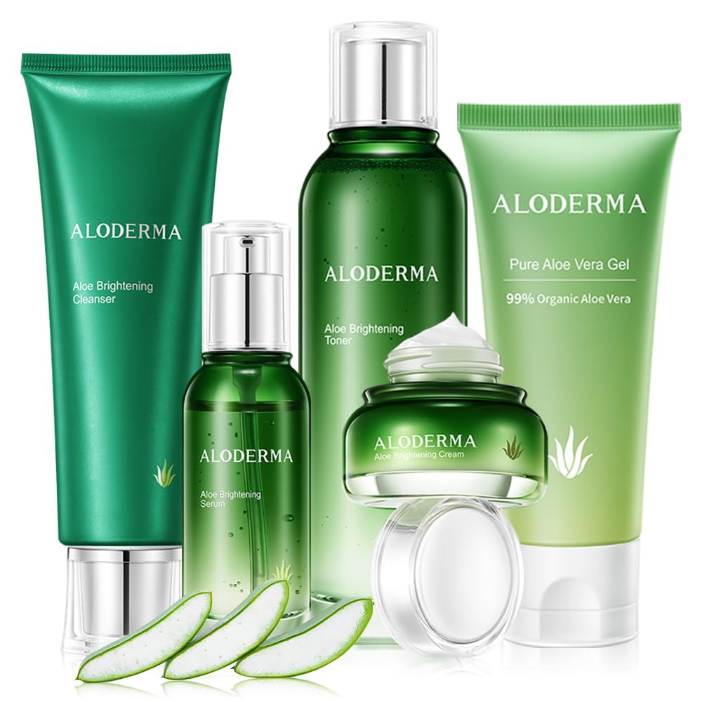 Aloderma Signature Aloe Brightening Skincare Set - 6 Piece Kit with Gel, Cleanser, Toner, Serum (x2), Cream for Hydration & Glow | Perfect for Dry & Sensitive Skin, Morning & Night Routine