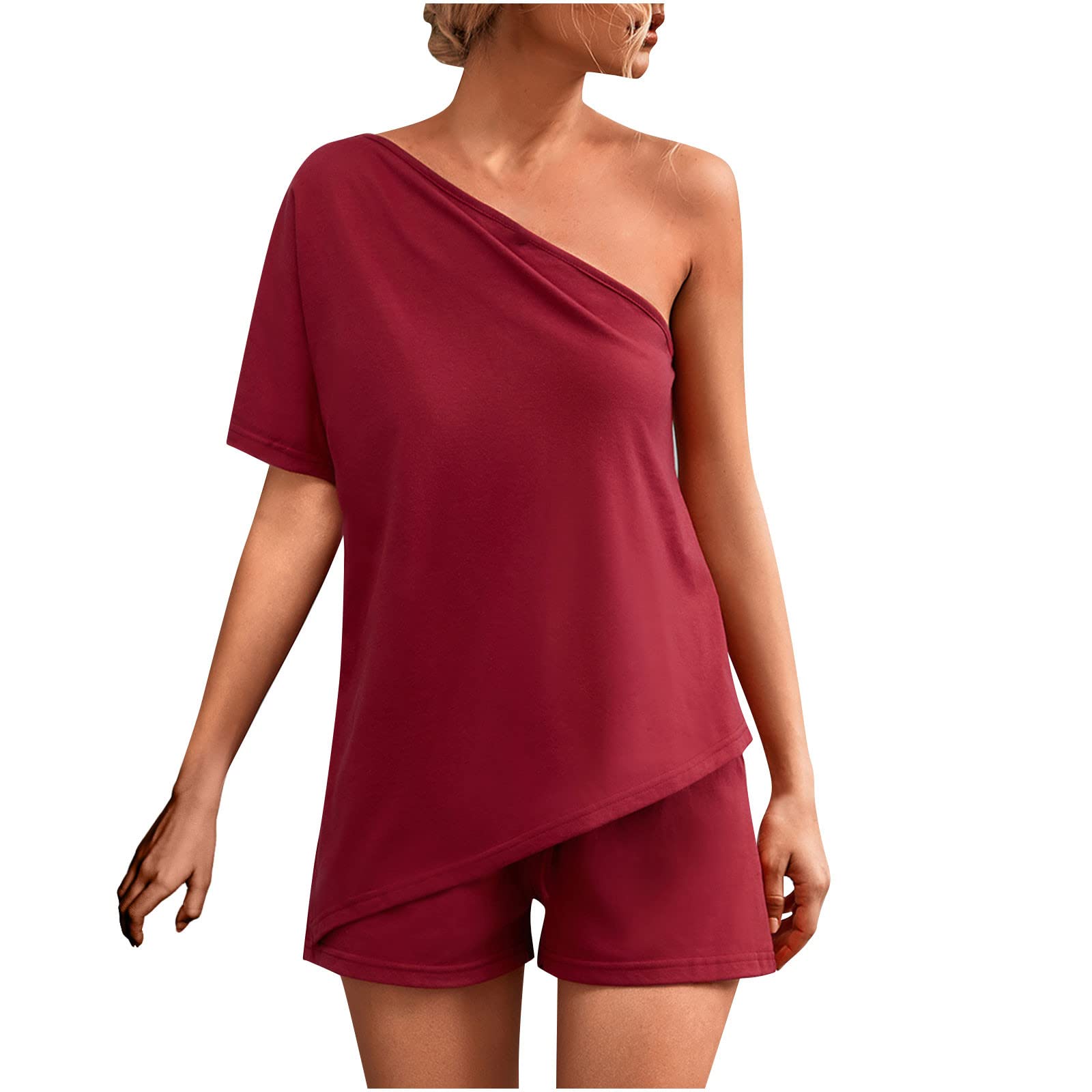 Women's Sexy Solid Color Sloping Shoulder Blouse with Irregular Hem - Summer Two Piece Set Casual Tee Top for Outfits, Dates & Beach Wear